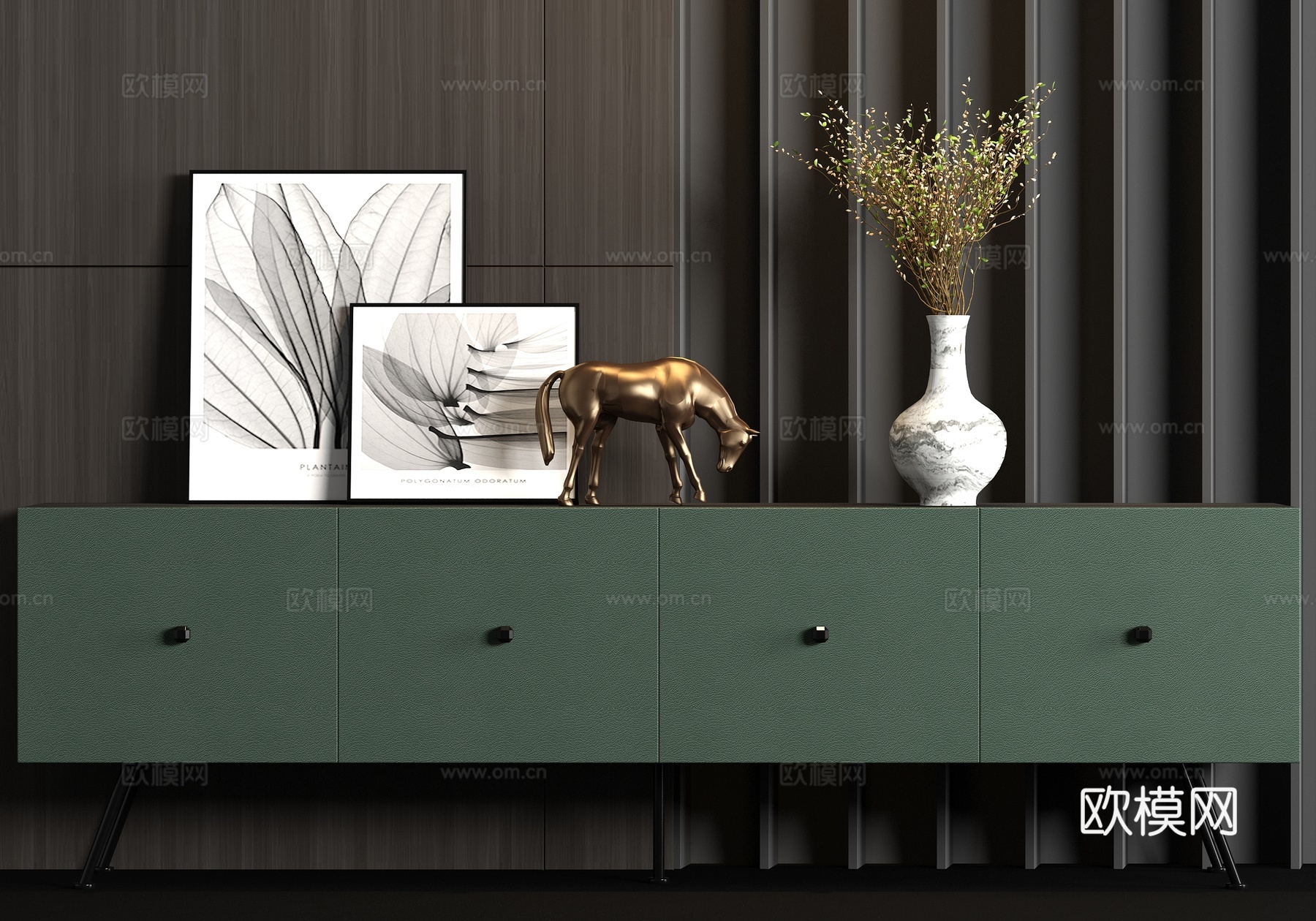 现代金属皮革端景柜挂画饰品组合3d模型