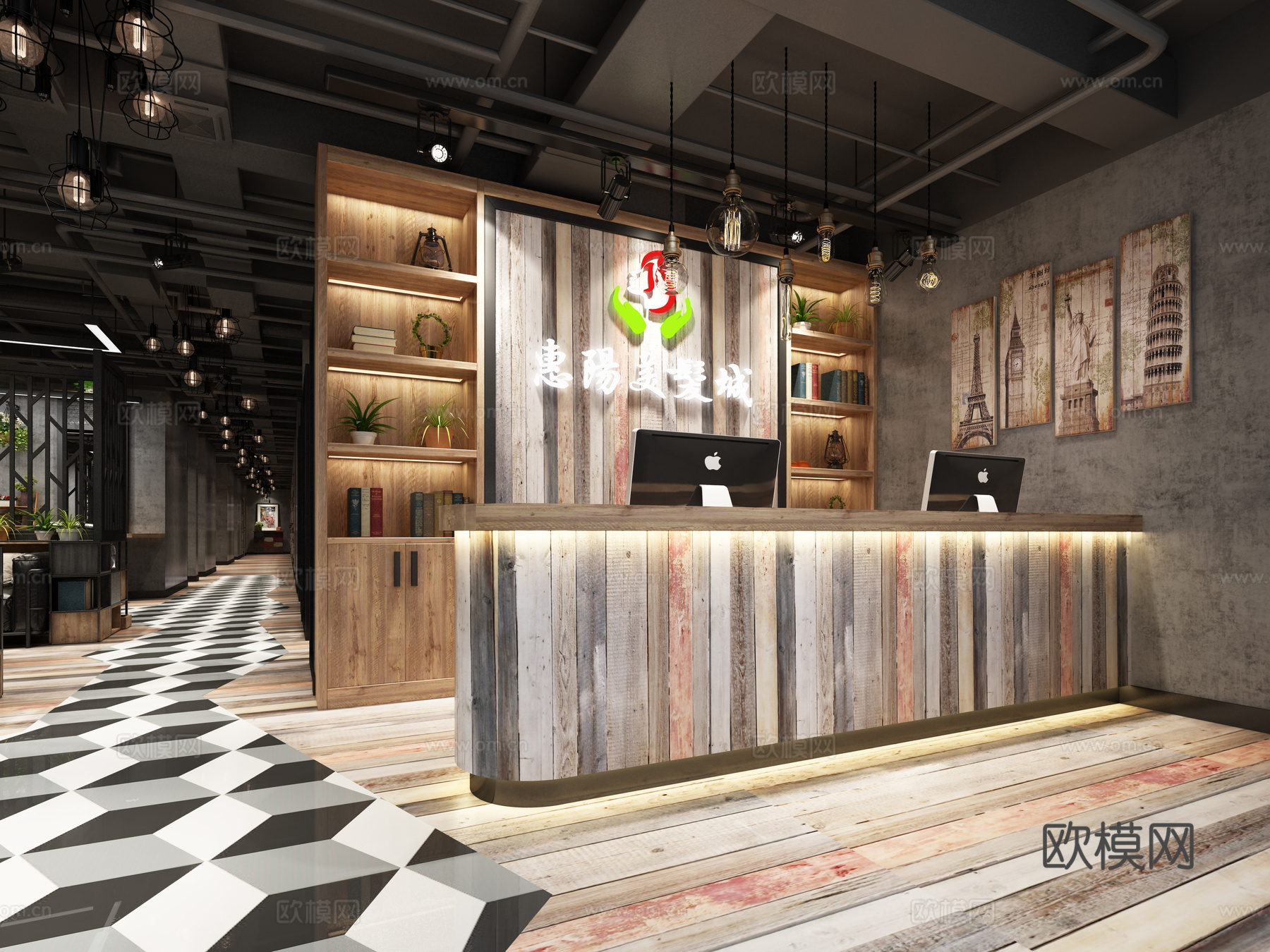 工业风理发店 挂灯 椅3d模型