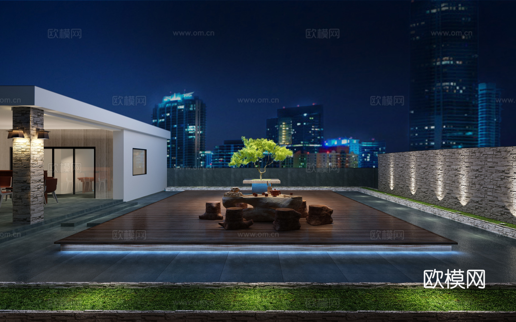 新中式 室外景观 阳台 室外景观 露台 沙发椅 花架 植物3d模型