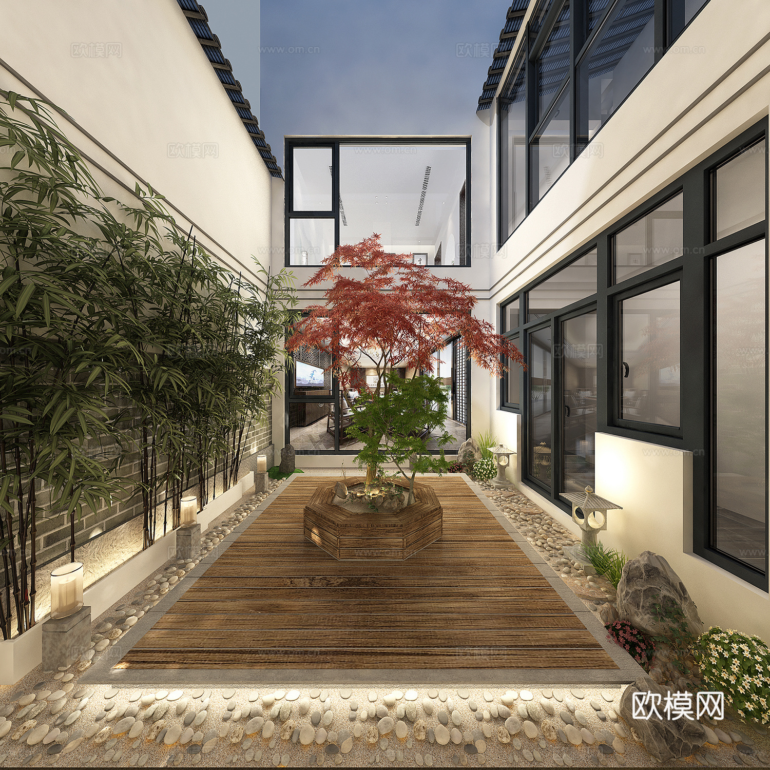 新中式别墅中庭天井 花园 绿植 地灯3d模型