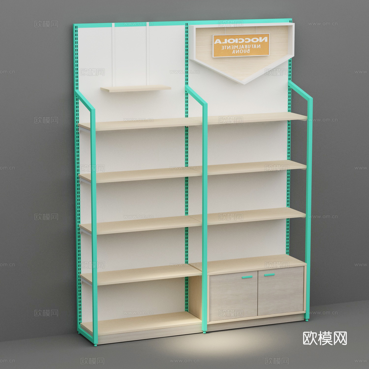 母婴店单面靠墙钢木结构商品展示货架3d模型