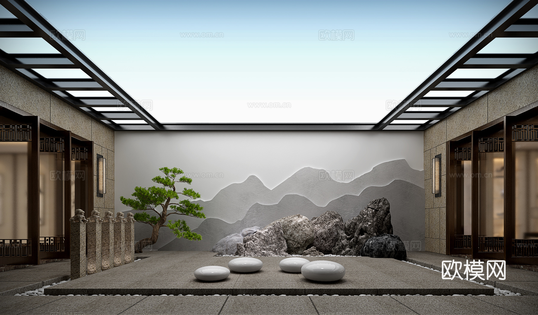 新中式露台景观 假山 植物3d模型