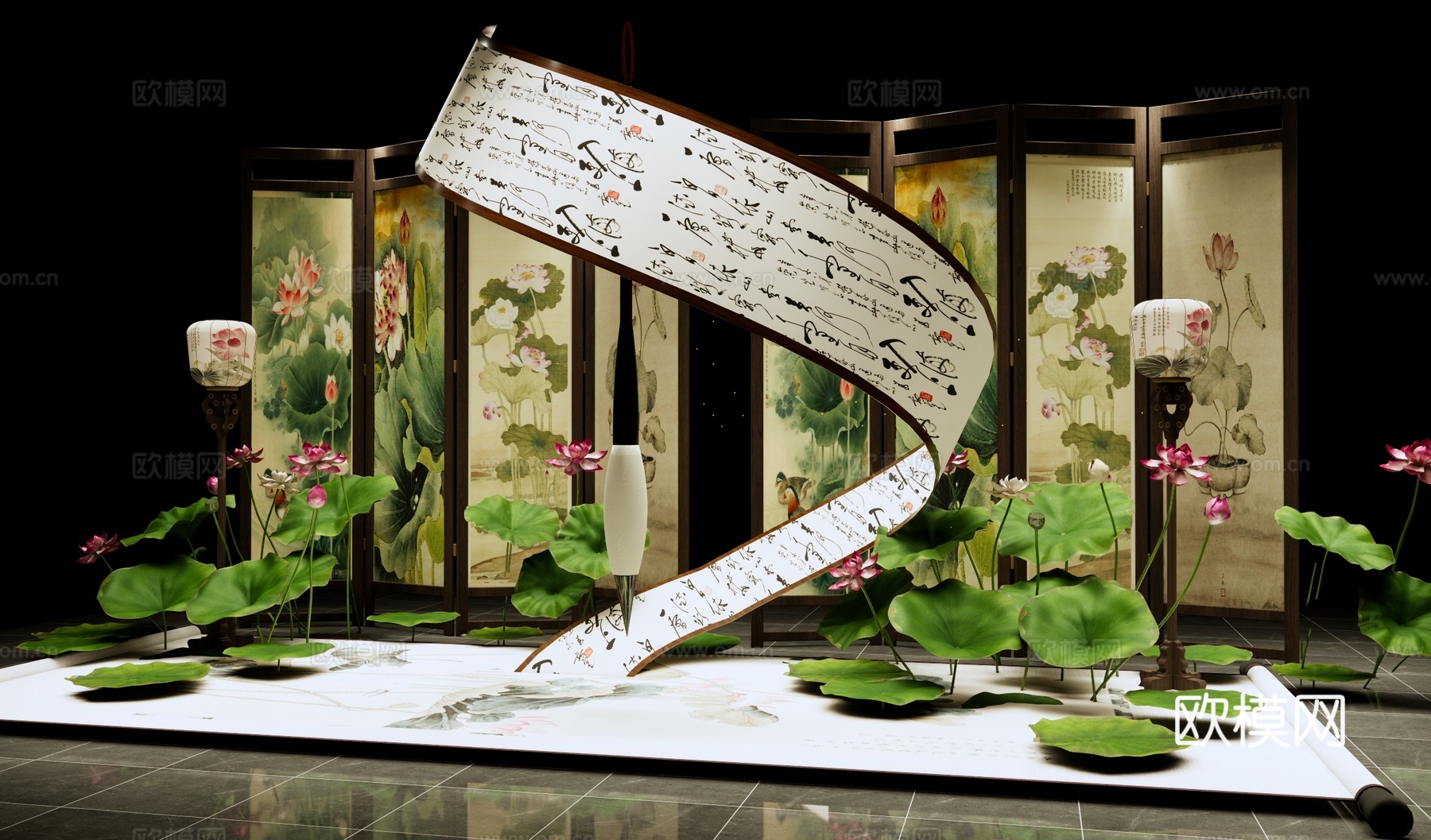 新中式诗词文化美陈 国风国潮美陈 荷花屏风 荷花荷叶装置 卷su模型