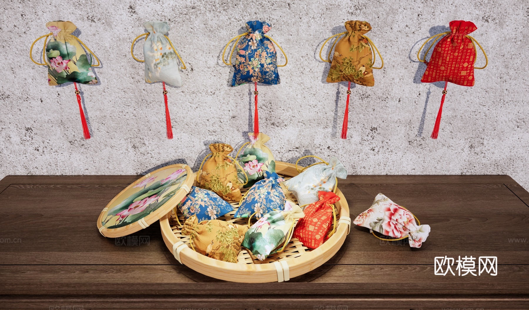 新中式刺绣香囊 香包 荷包 福袋 手工工艺品 传统民间刺绣工su模型