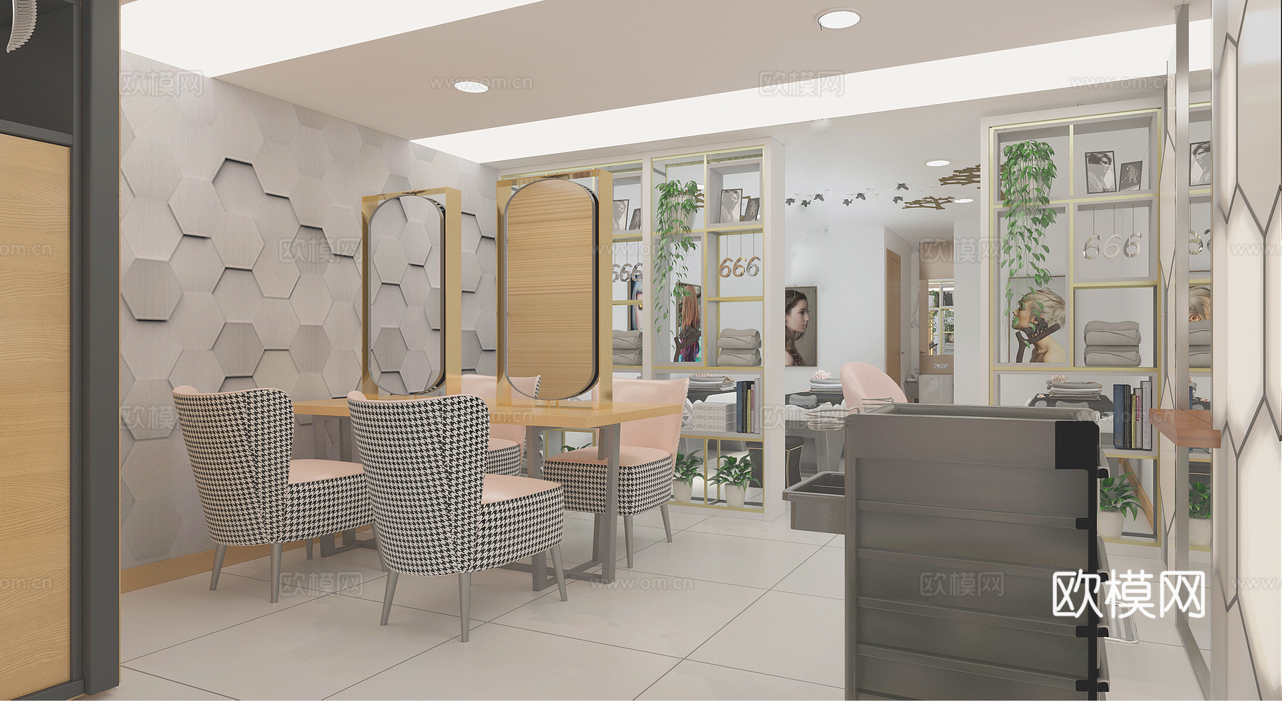 现代美发店 剪发椅 吧台 洗头床 挂画 洗手盆 工具车3d模型