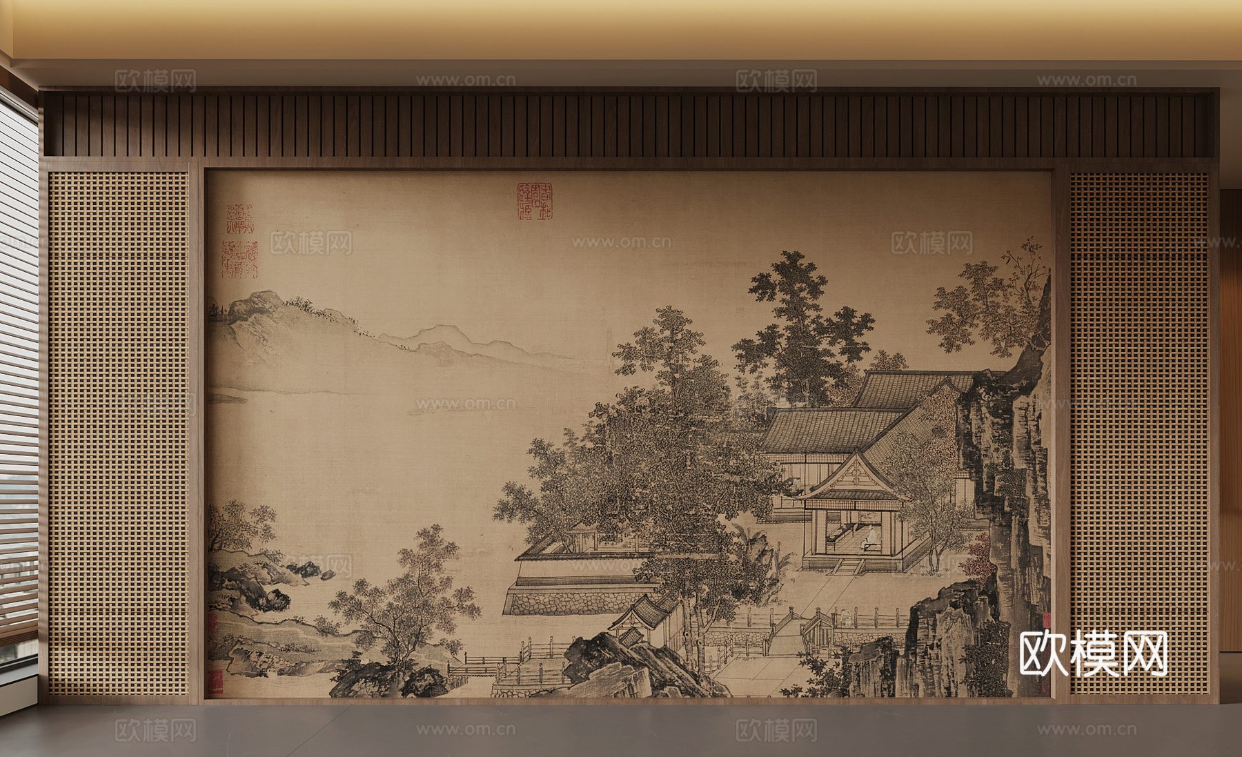 新中式背景墙 宋氏风背景墙su模型
