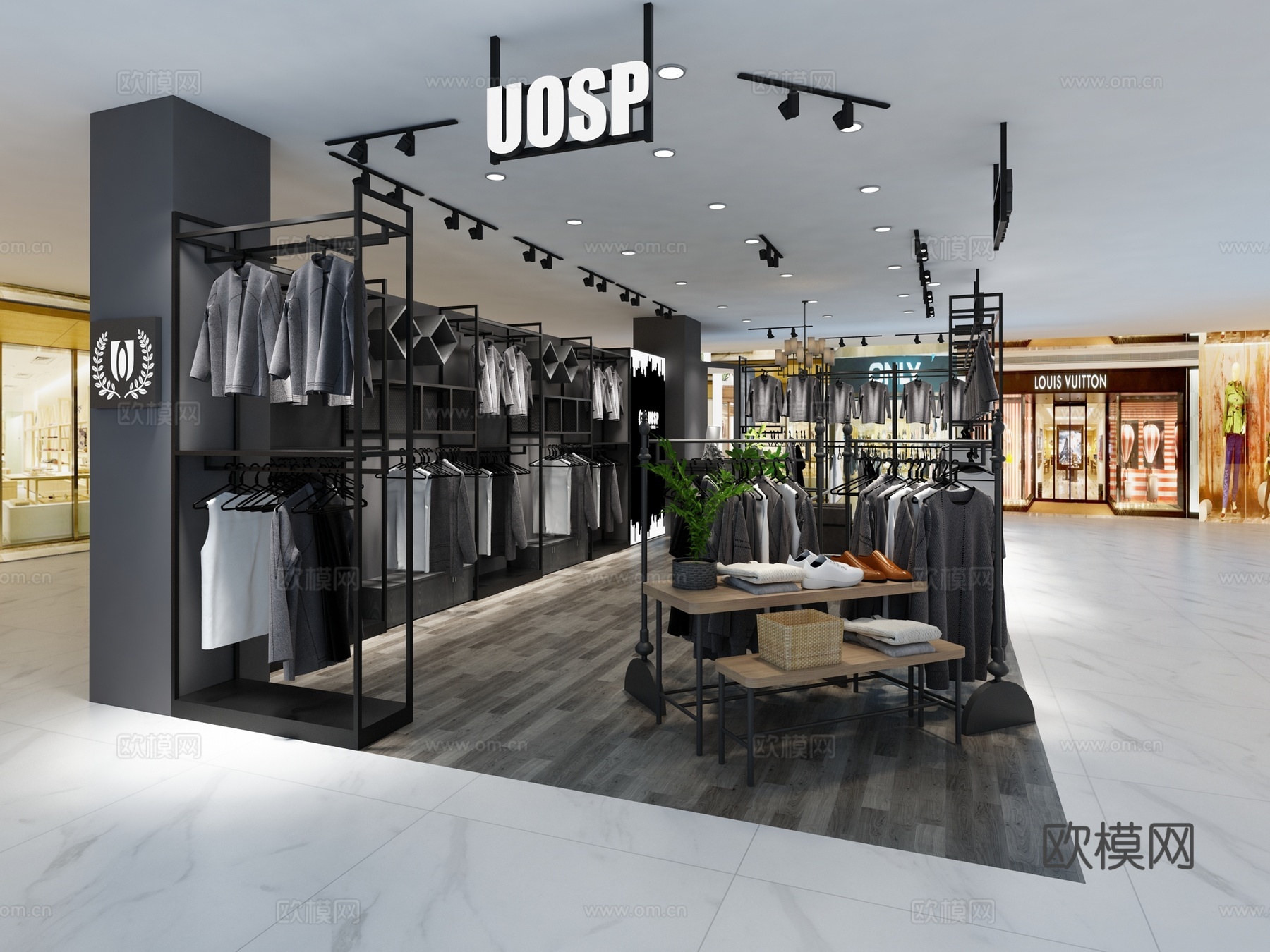 工业风男装店 服装 工业 黑色 中岛架 高柜 收银台 灰3d模型
