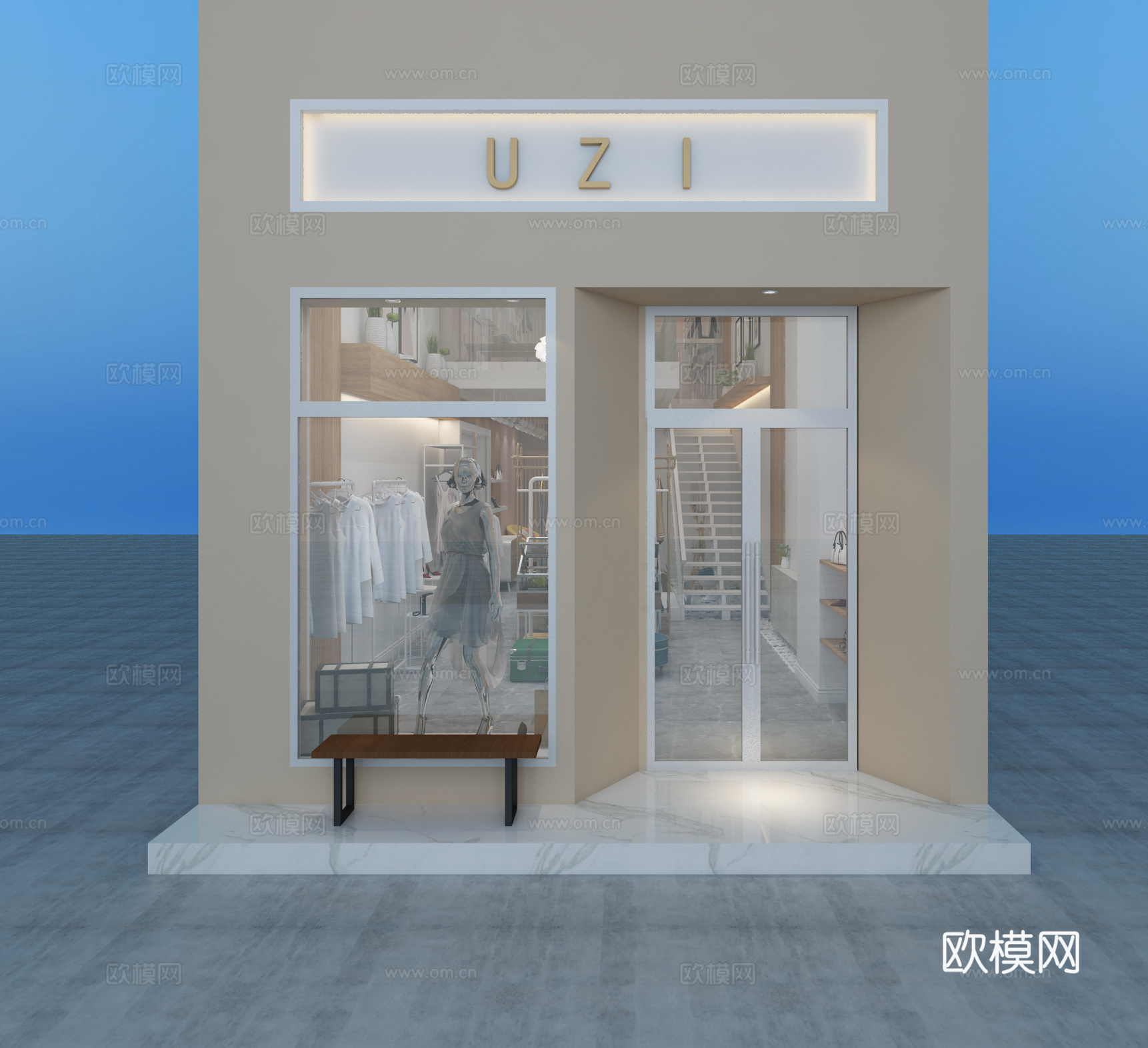 现代服装店 衣服 包包 鞋子 展示架 门头 射灯 摆件3d模型