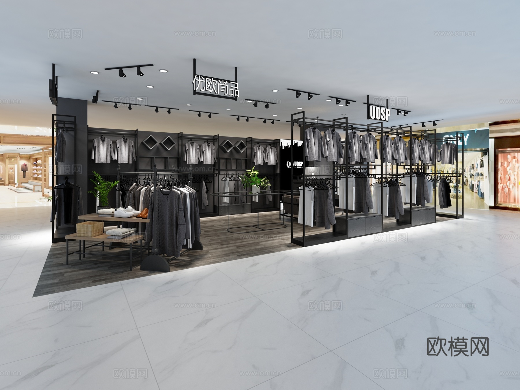工业风男装店 服装 工业 黑色 中岛架 高柜 收银台 灰3d模型
