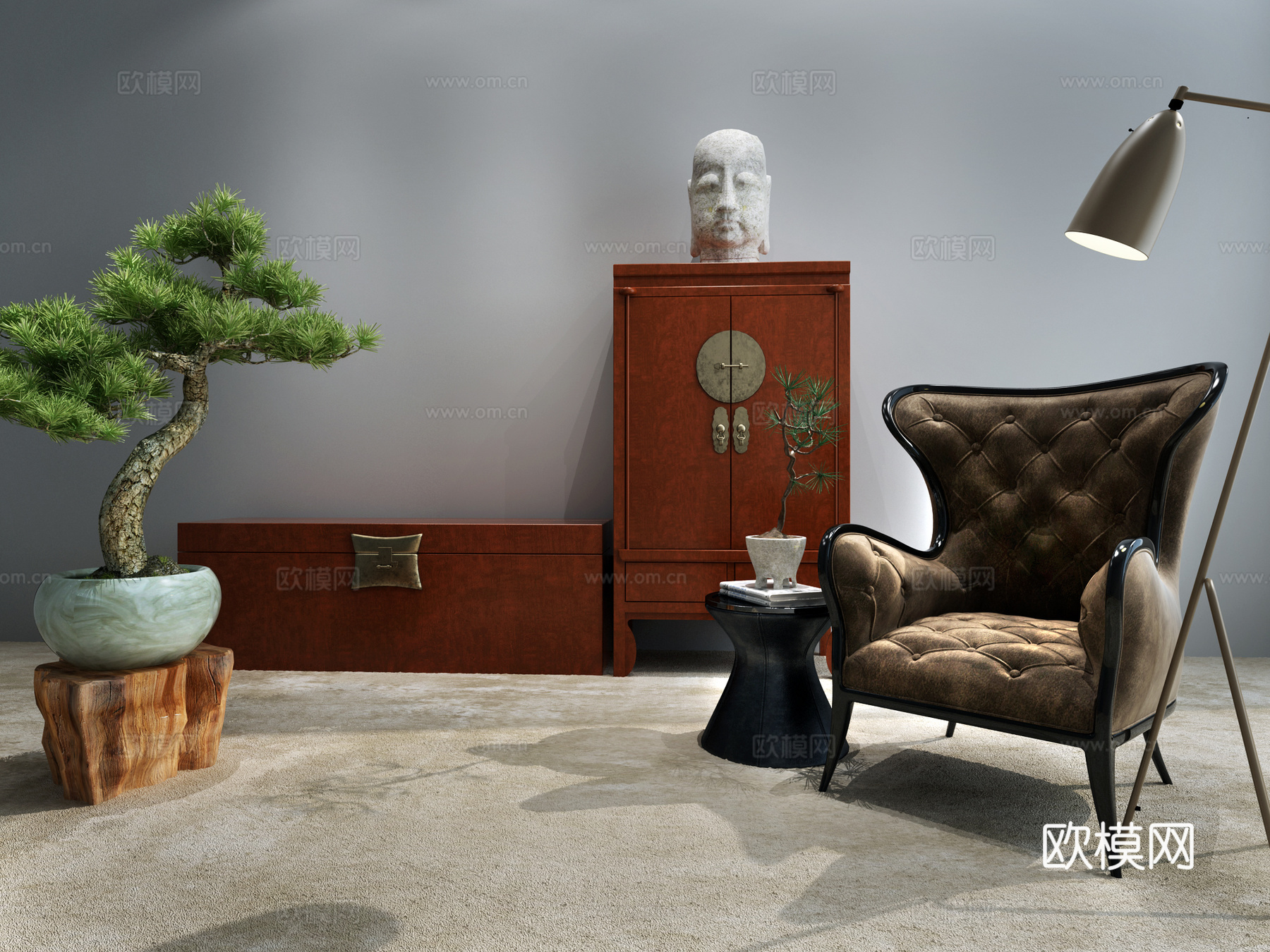 古典箱子 装饰柜 盆景 单椅 落地灯3d模型