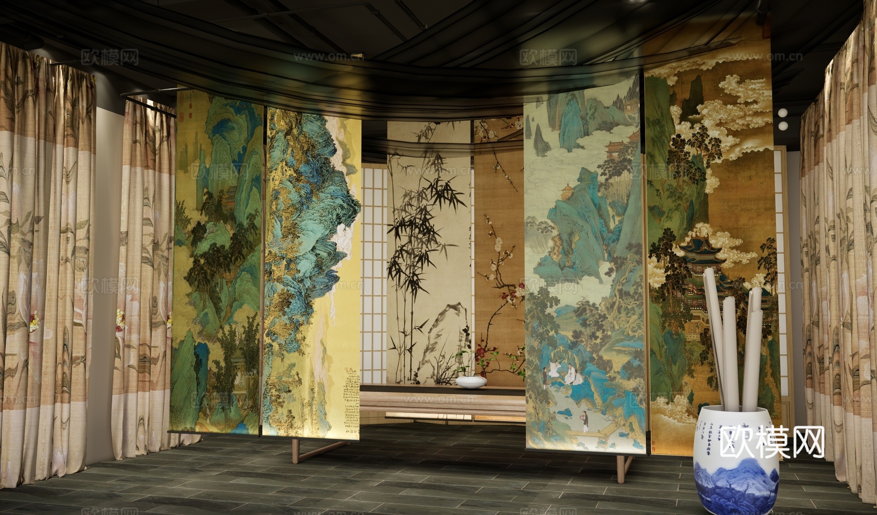 中式书画展览馆 艺术字画美陈 竖形挂画 纱幔 画室 字画展厅su模型下载（渲染图2）