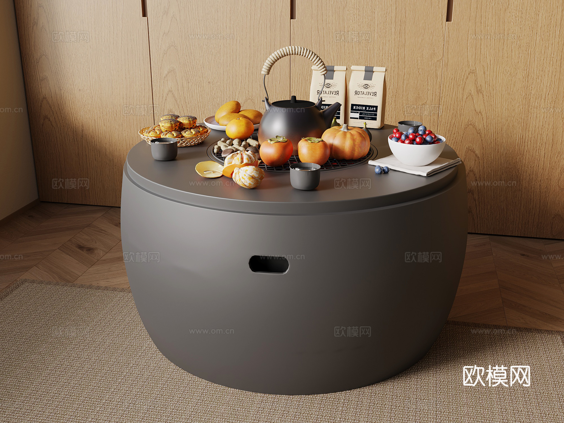 现代围炉煮茶 茶桌 食物su模型