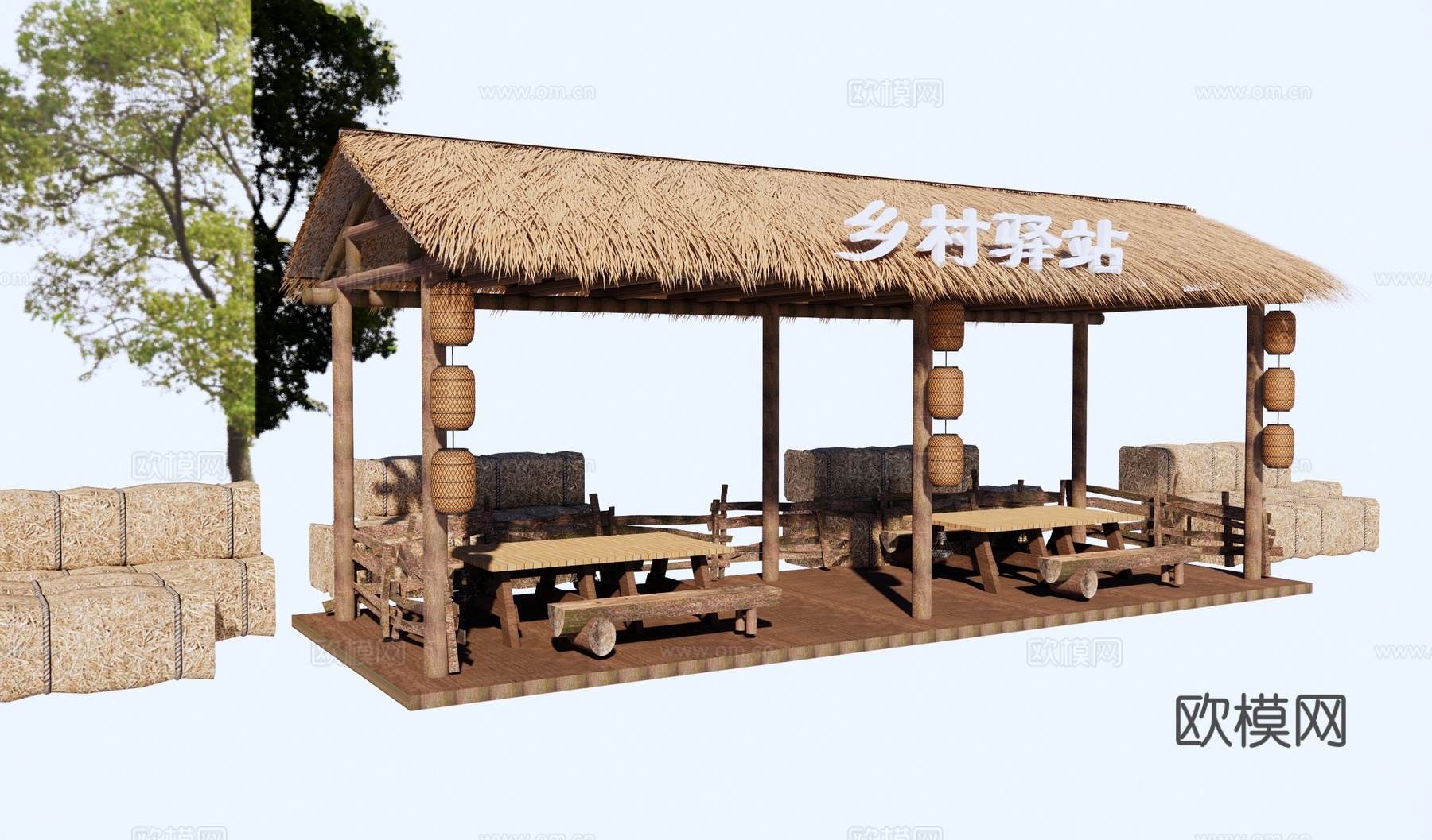 新中式乡村景观廊架 景区廊架 休闲景观亭 茅草亭 公园休息驿su模型