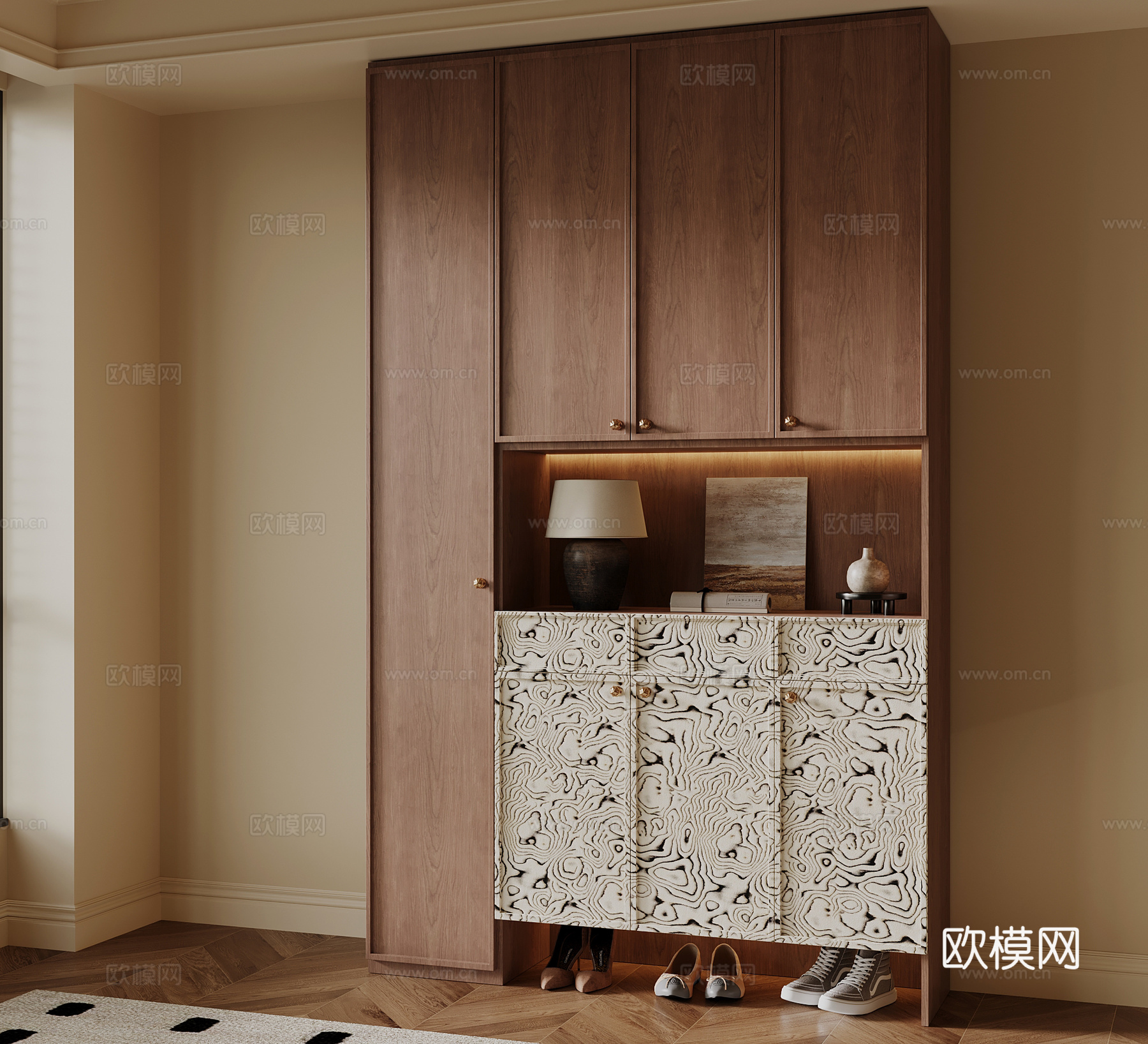 现代中古风玄关柜 入户鞋柜su模型
