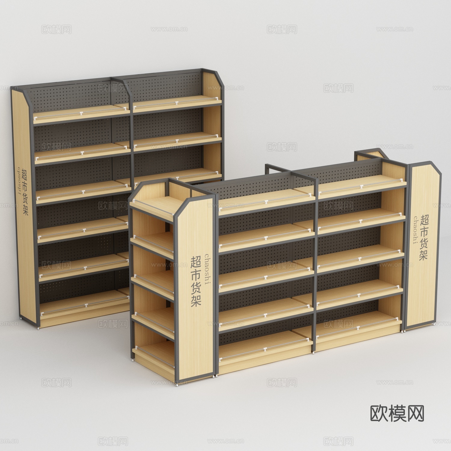 超市便利店钢木层板带外柱商品展示货架3d模型