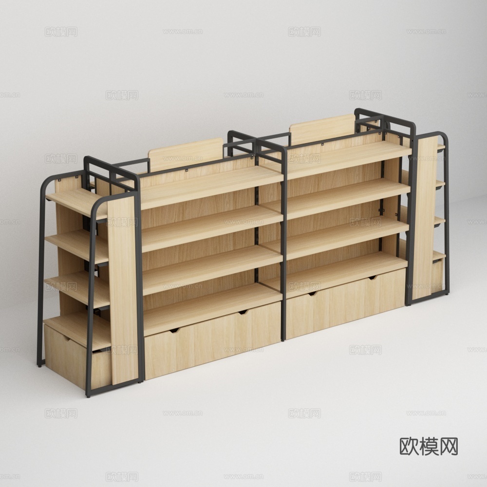 超市便利店钢木结构商品展示中岛货架3d模型