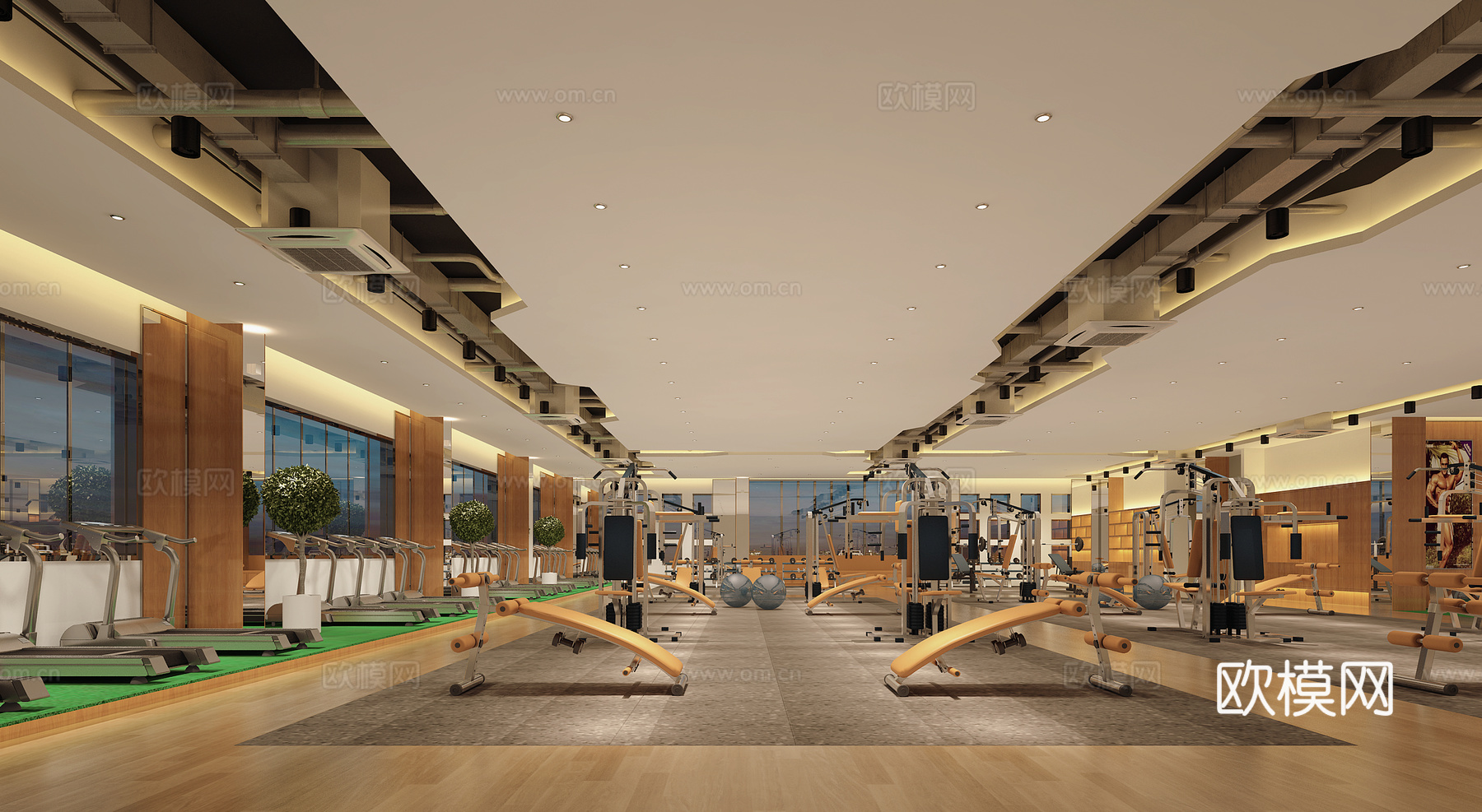 现代健身房 跑步机 椭圆机 哑铃3d模型