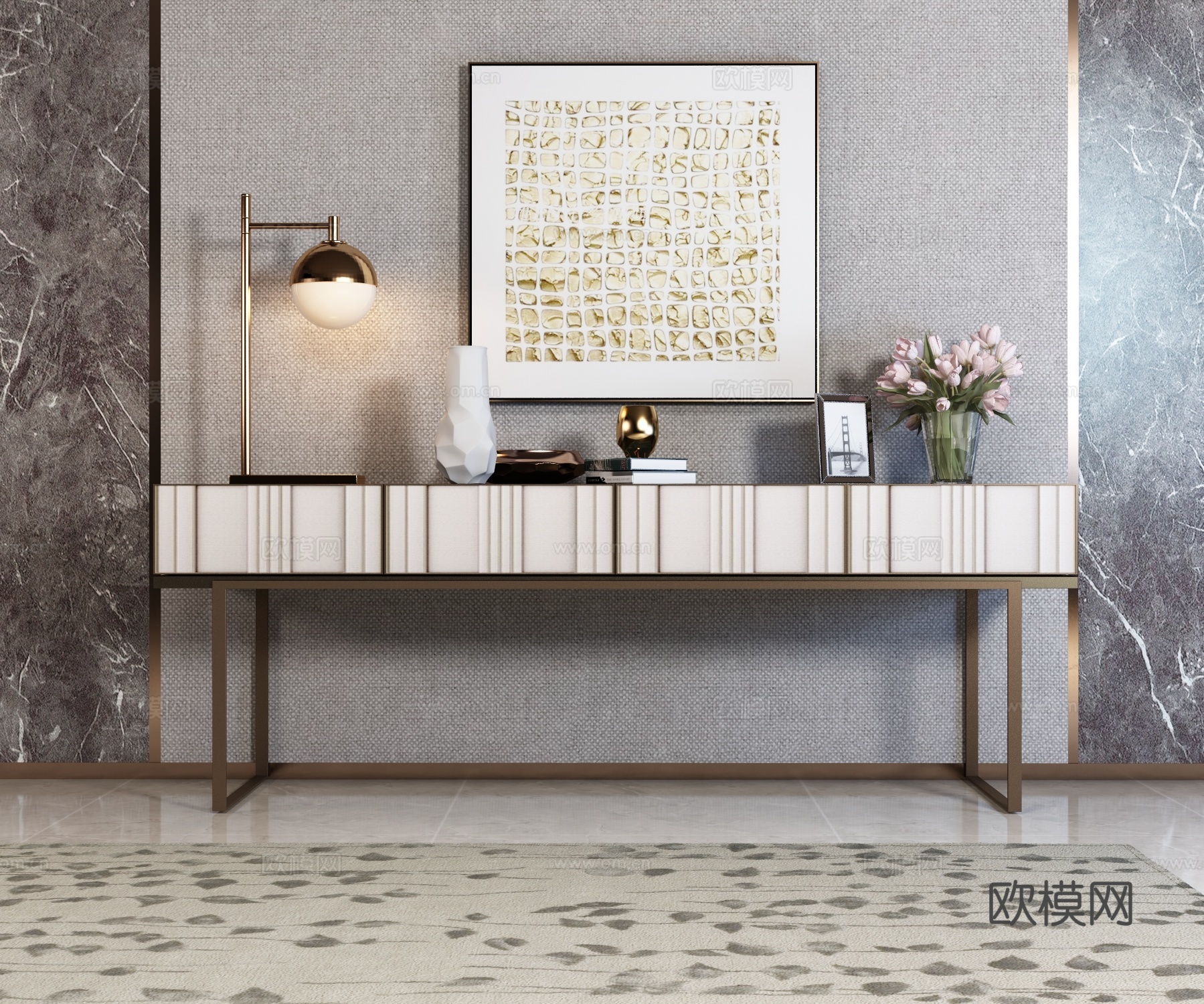 现代边柜 玄关柜 台灯 花瓶花卉 装饰品 挂画 饰品摆件3d模型