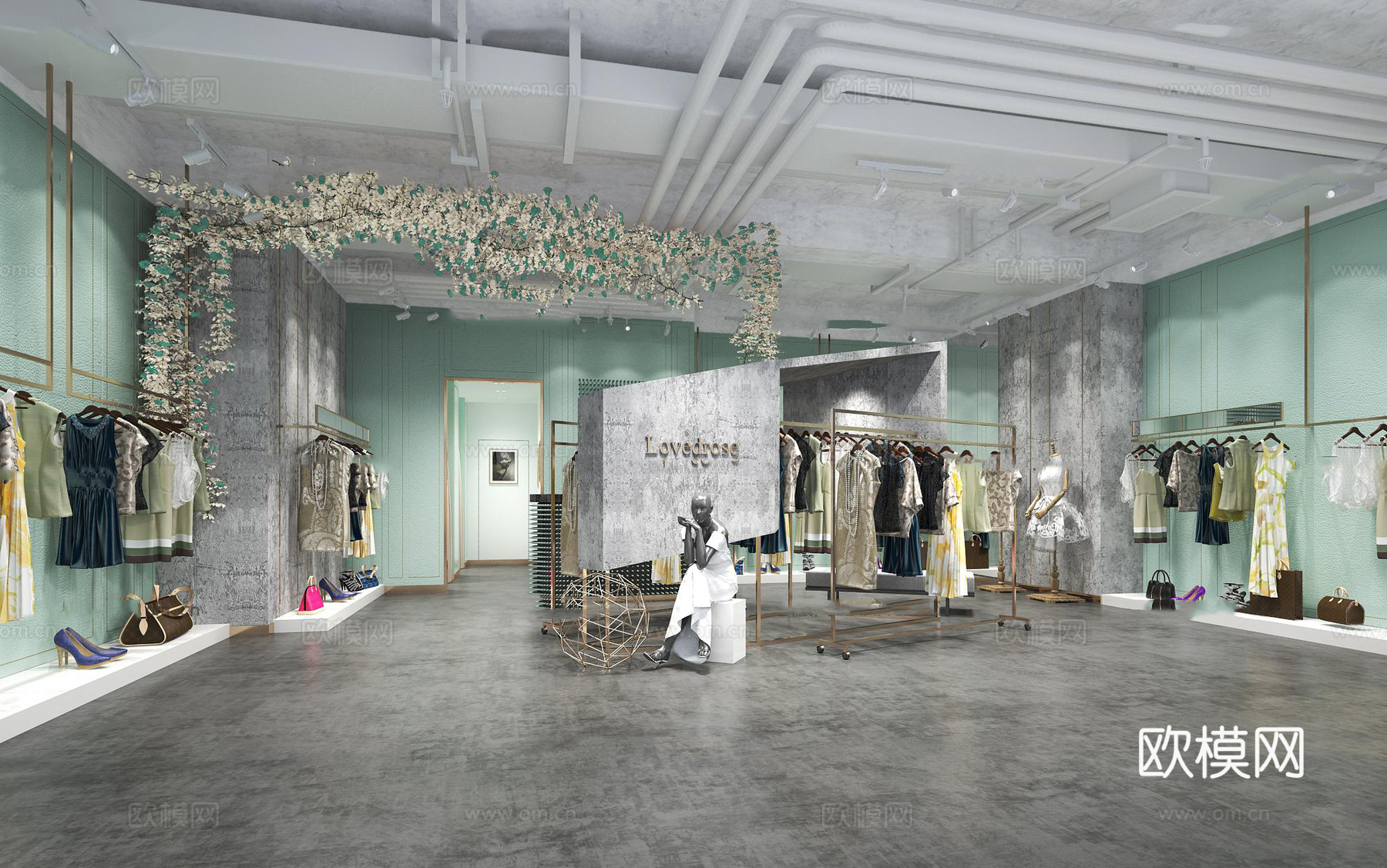 工业风衣服 服装店 模特 包包 鞋子 金属挂衣杆 衣架3d模型