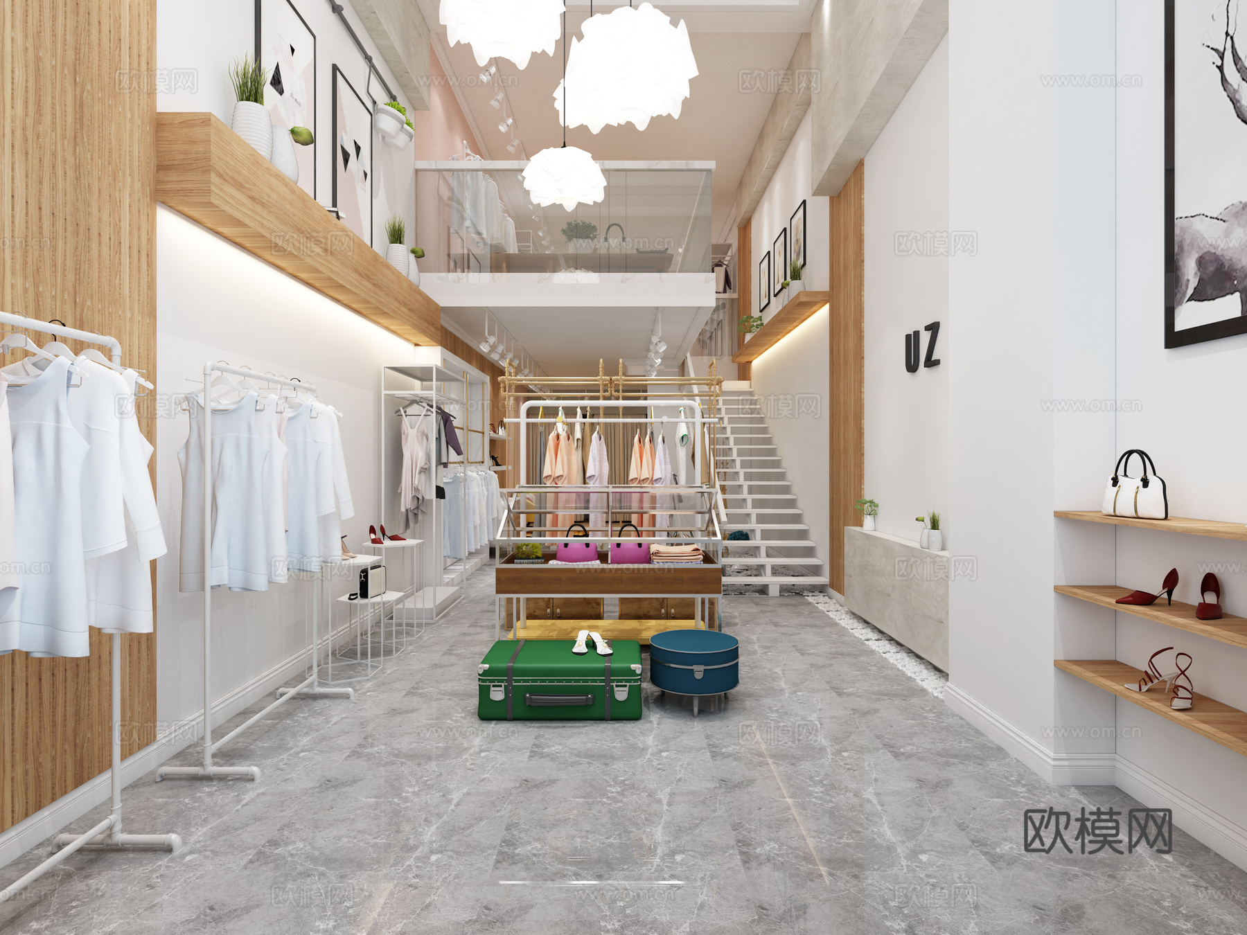 现代服装店 衣服 包包 鞋子 展示架 门头 射灯 摆件3d模型
