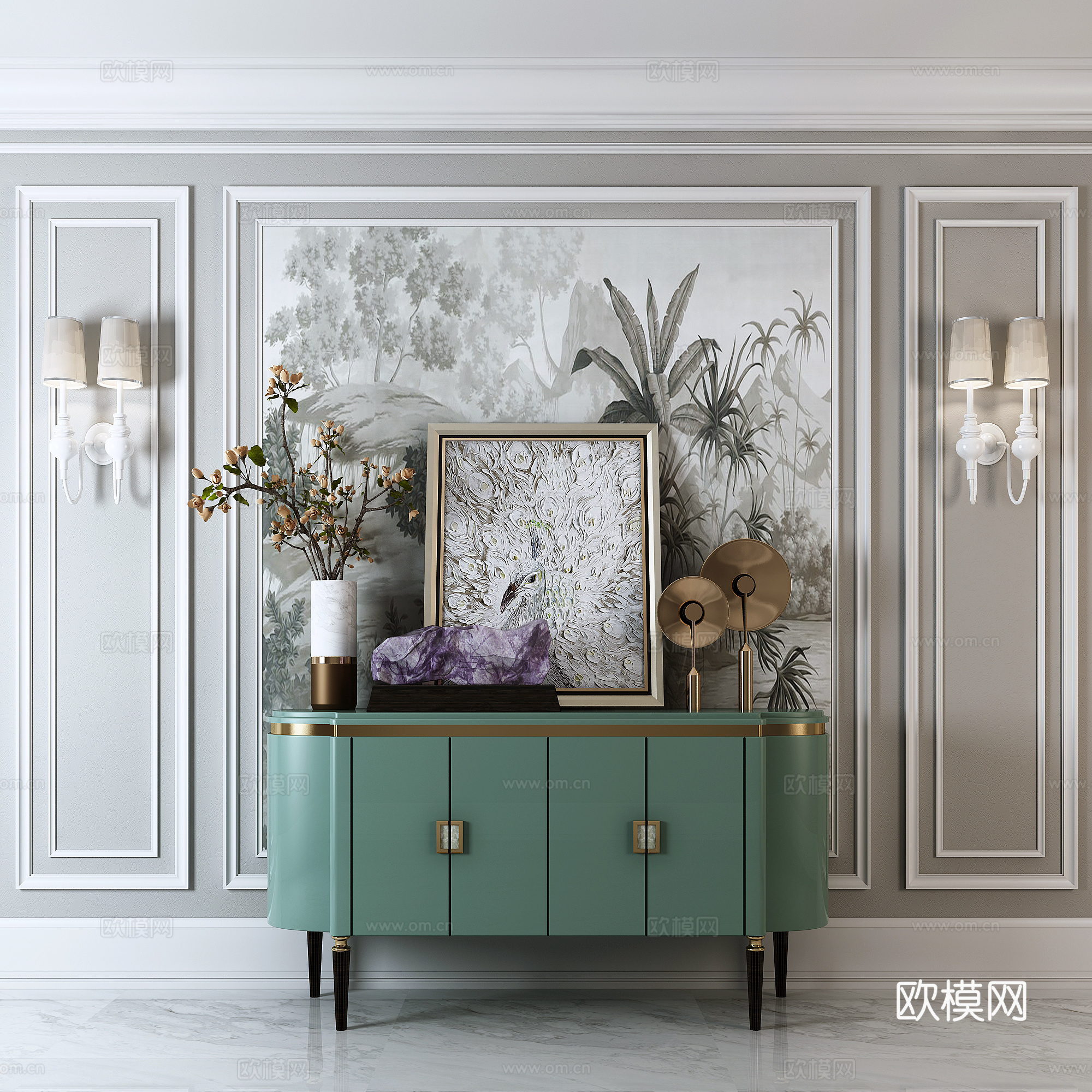 简欧边柜 玄关柜 壁灯 花瓶 水晶石 挂画 壁画 饰品摆件3d模型