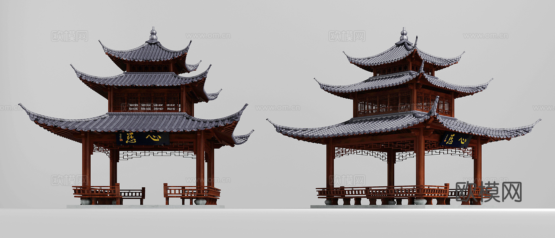 新中式古建四角亭子组合3d模型