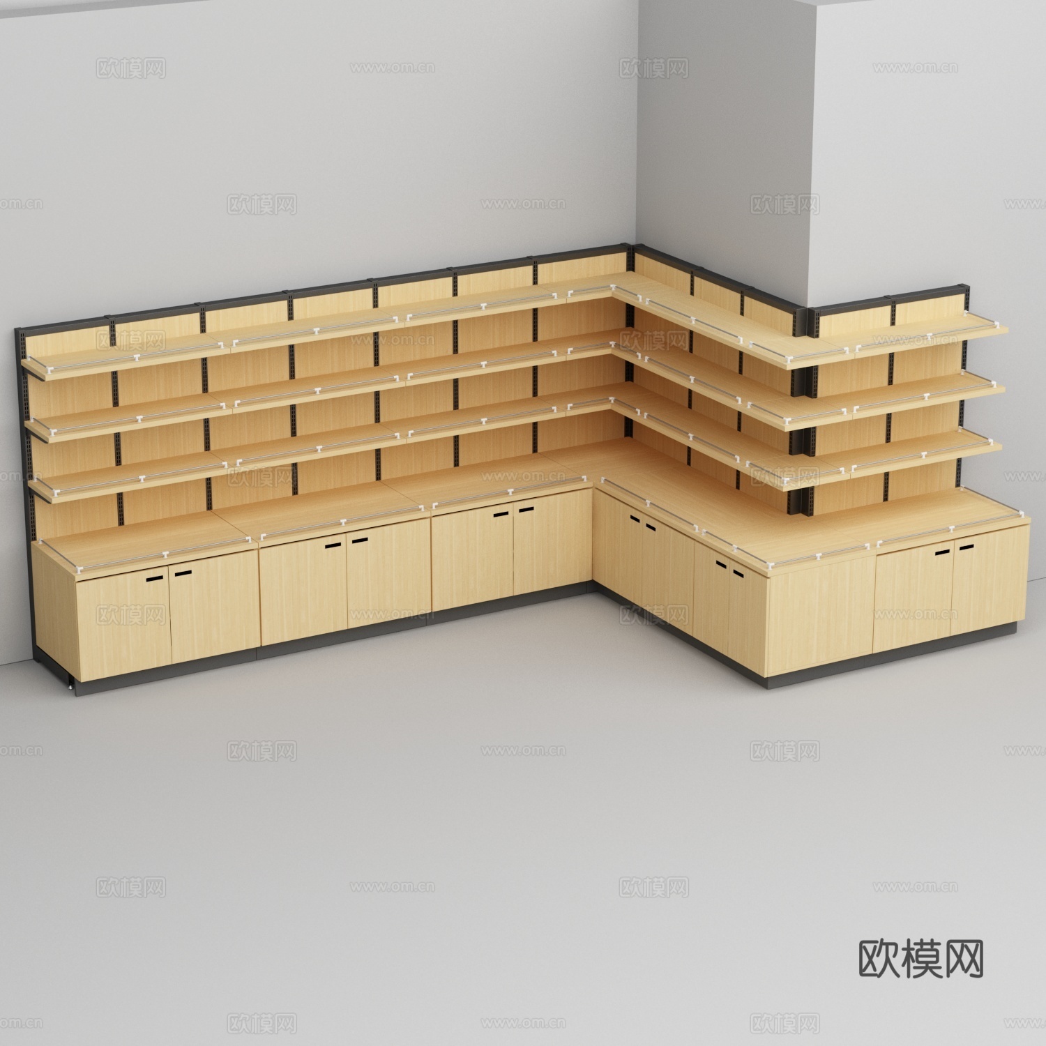 超市便利店钢木结构带开门柜转角货架3d模型