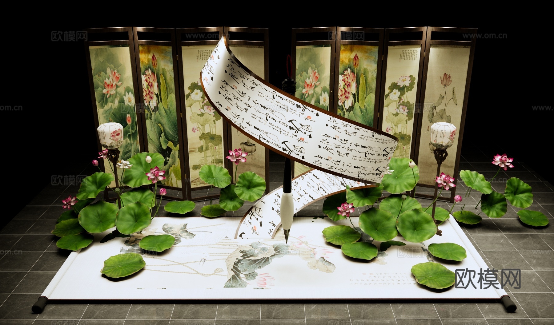 新中式诗词文化美陈 国风国潮美陈 荷花屏风 荷花荷叶装置 卷su模型