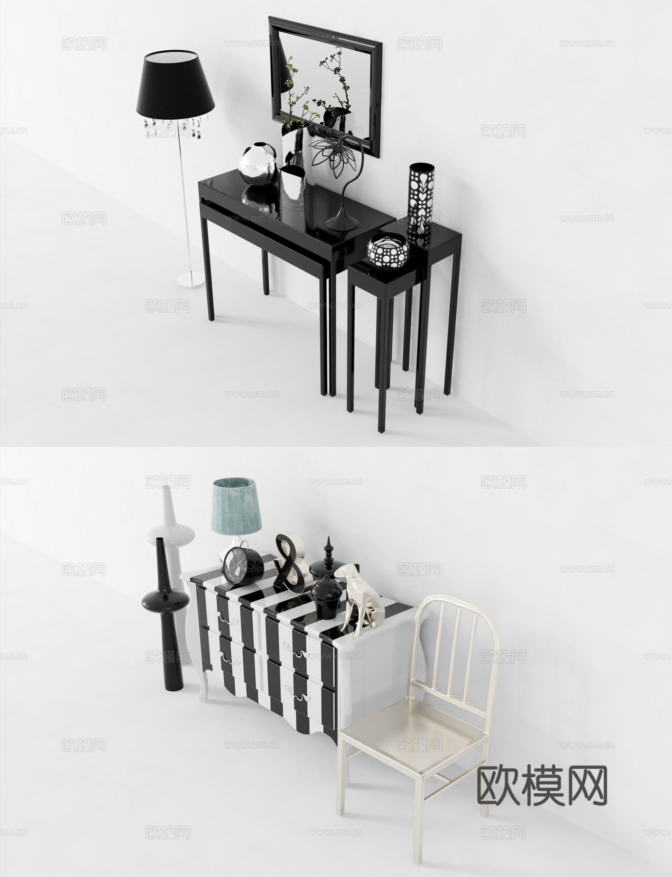 欧式古典墙柜 边柜 玄关柜 柜子 挂画 摆件 陈设品 装3d模型