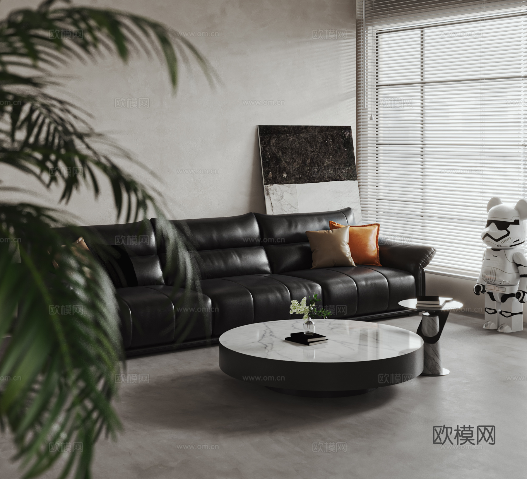 皮革沙发  沙发茶几组合   黑色皮革沙发3d模型
