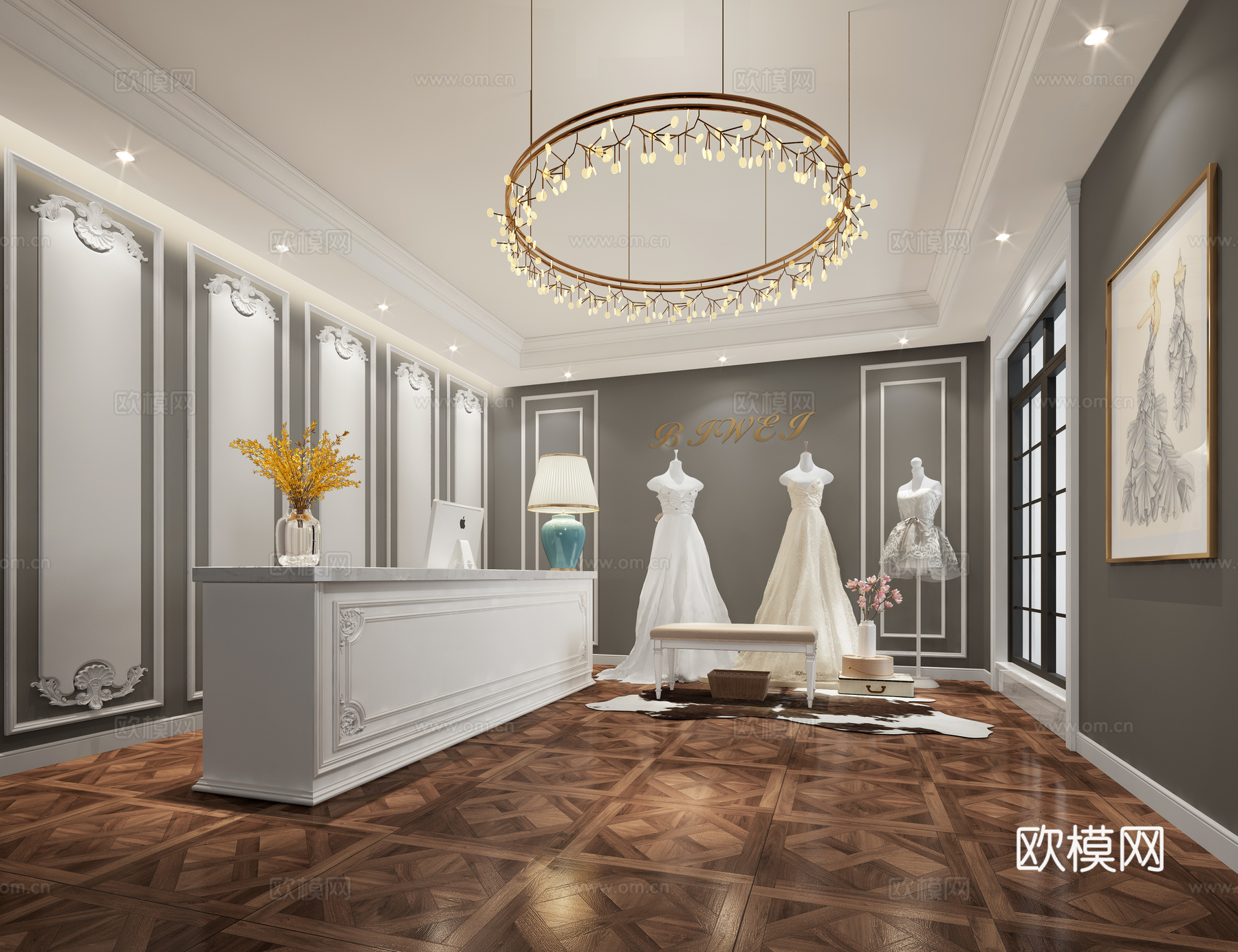 欧式简约婚纱店 简欧 前台背景 萤火虫吊灯3d模型