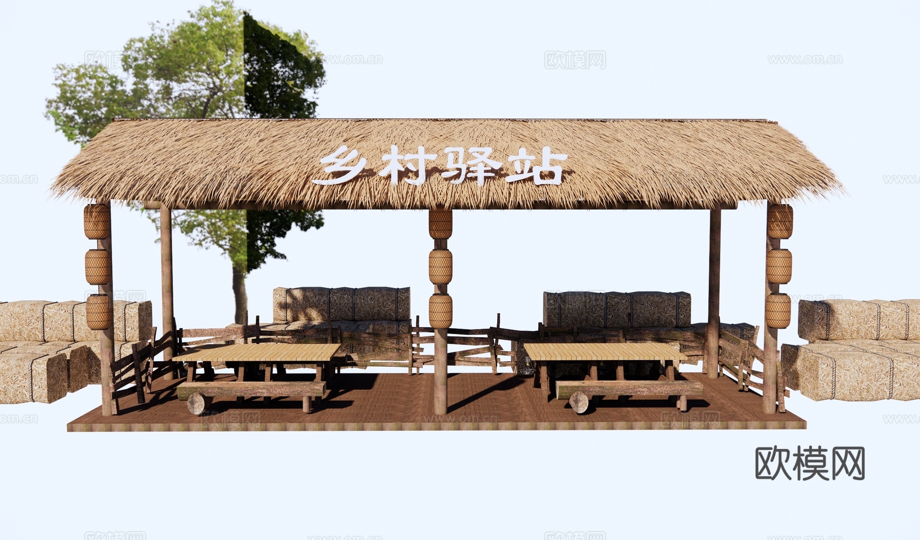 新中式乡村景观廊架 景区廊架 休闲景观亭 茅草亭 公园休息驿su模型