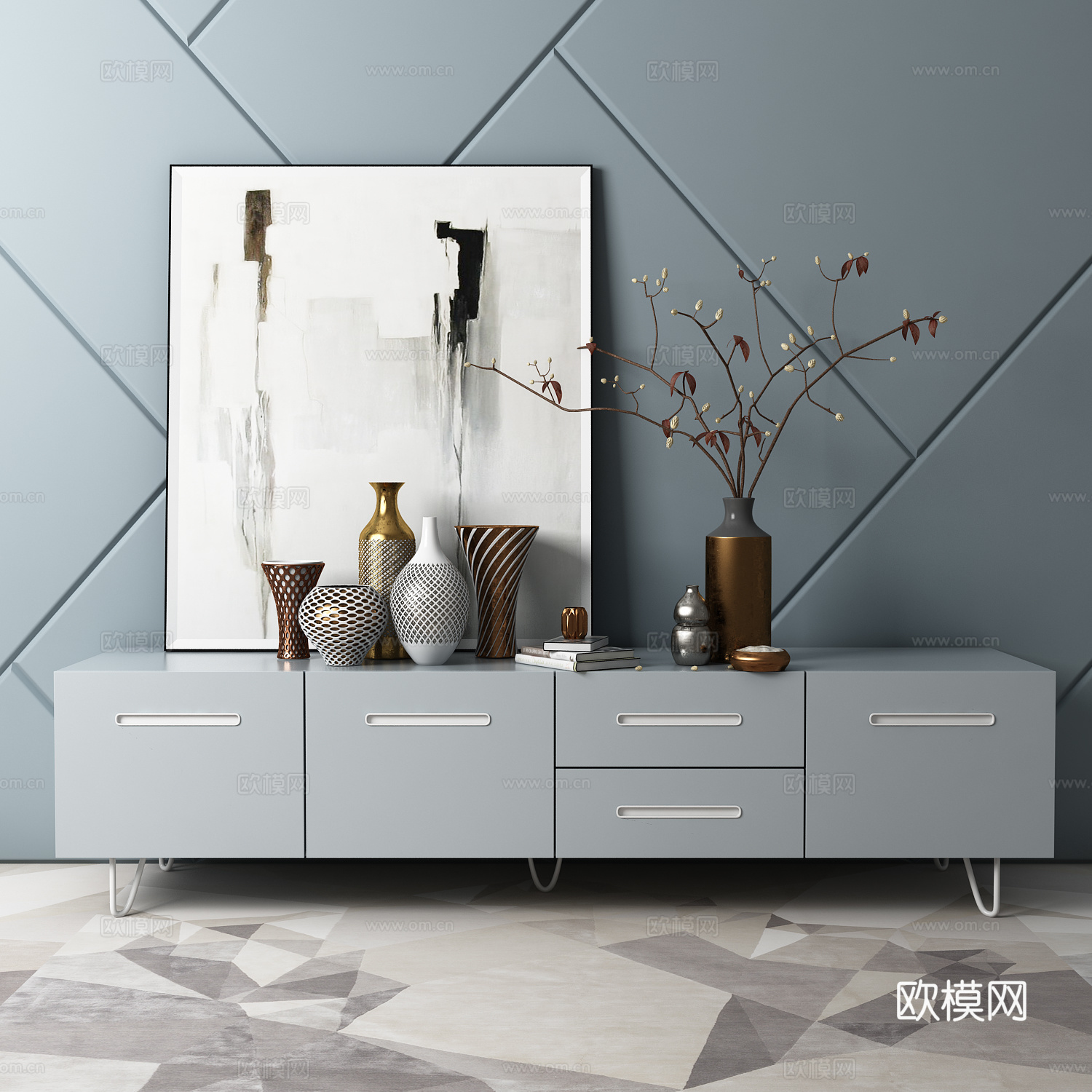 现代简约电视柜 背景墙 画饰品 模型3d模型