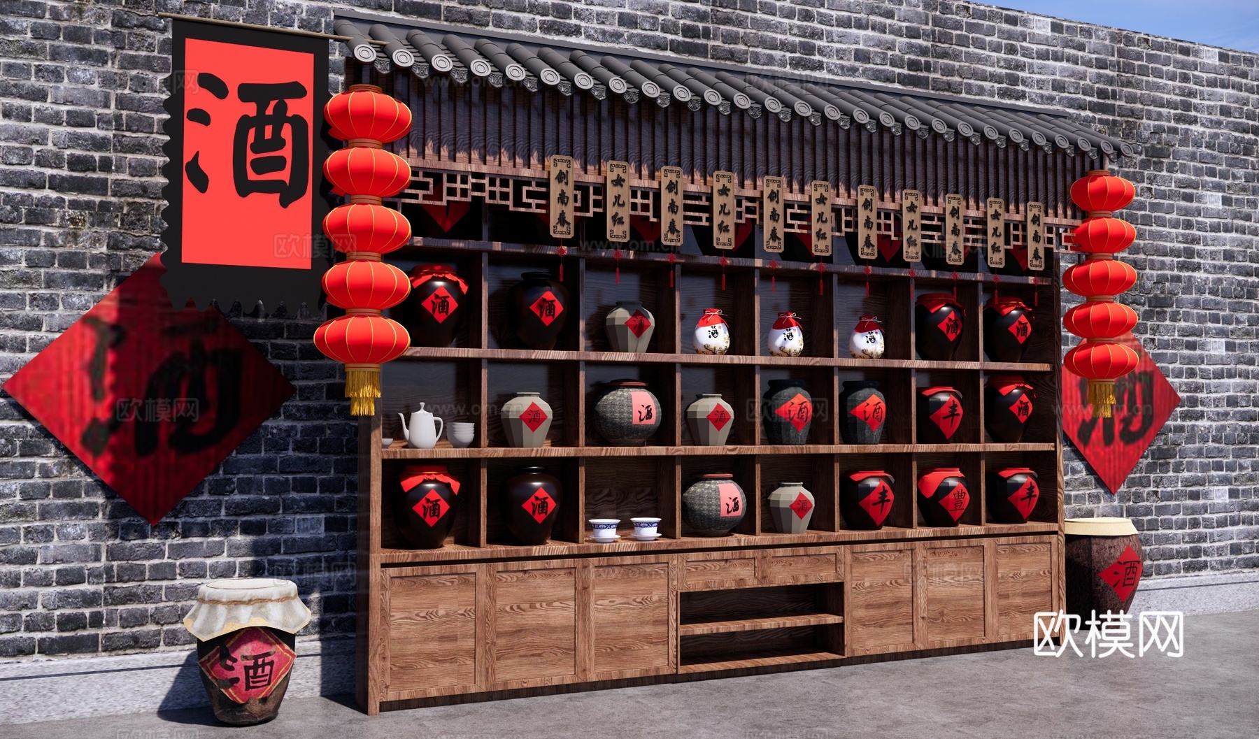 酒文化美陈 酒文化小品 陶瓷器皿 酒坛酒罐 酒缸酒架 酒柜su模型