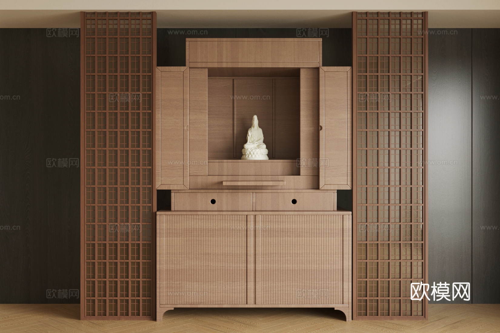 新中式佛龛 禅意佛龛 白玉佛像 观音像 实木佛龛 中式佛堂3d模型