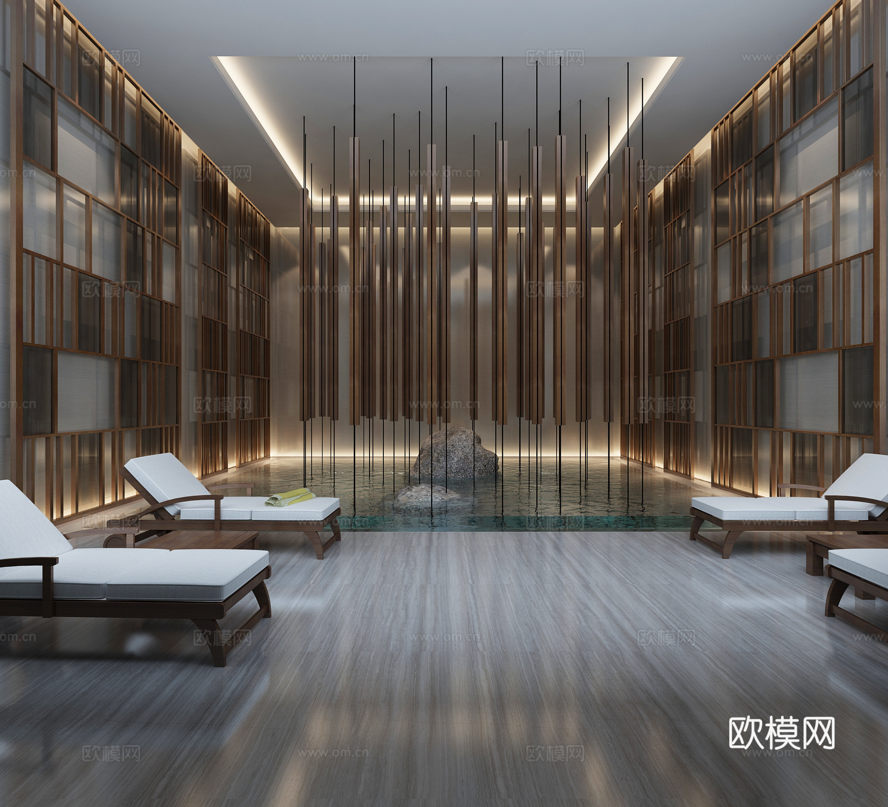 新中式水池 水景 景观小品 石头 泳池 休闲椅 背景墙3d模型