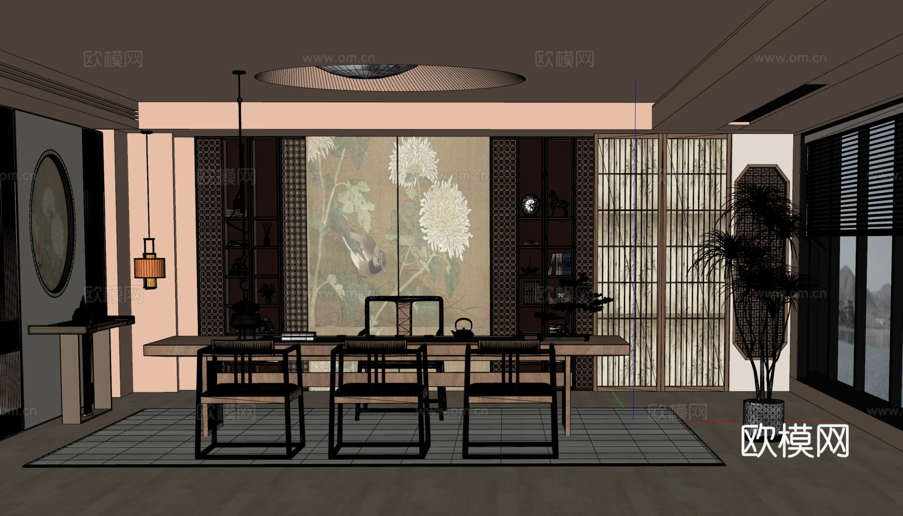 宋式茶室书房 茶柜背景墙 条案隔断 茶桌椅su模型
