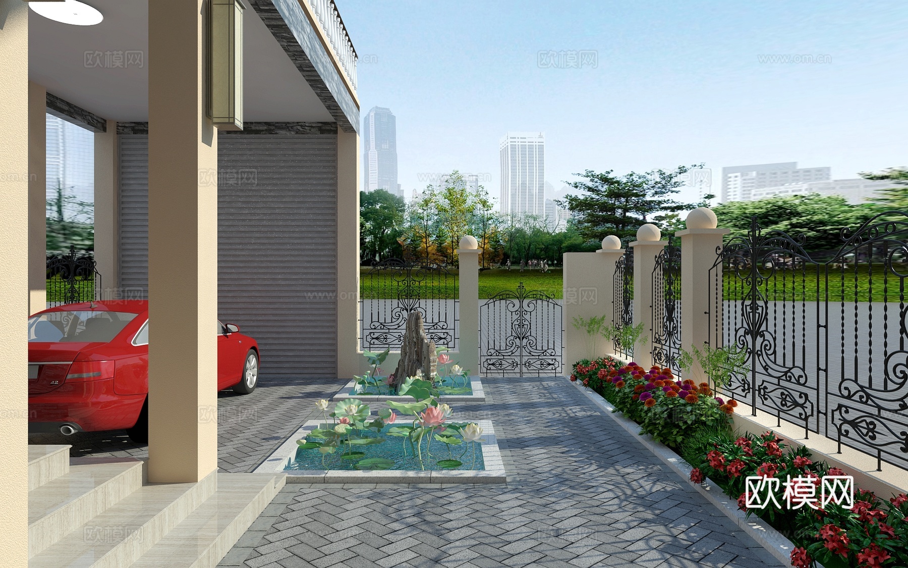 别墅外观 车库及露台花园 铁艺护栏3d模型