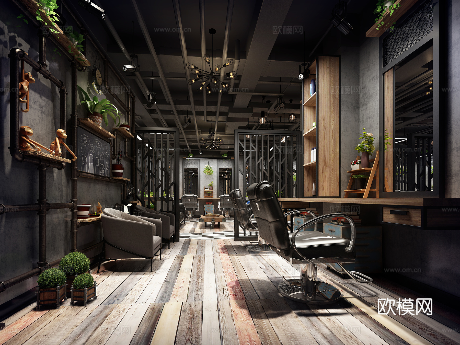 工业风理发店 挂灯 椅3d模型