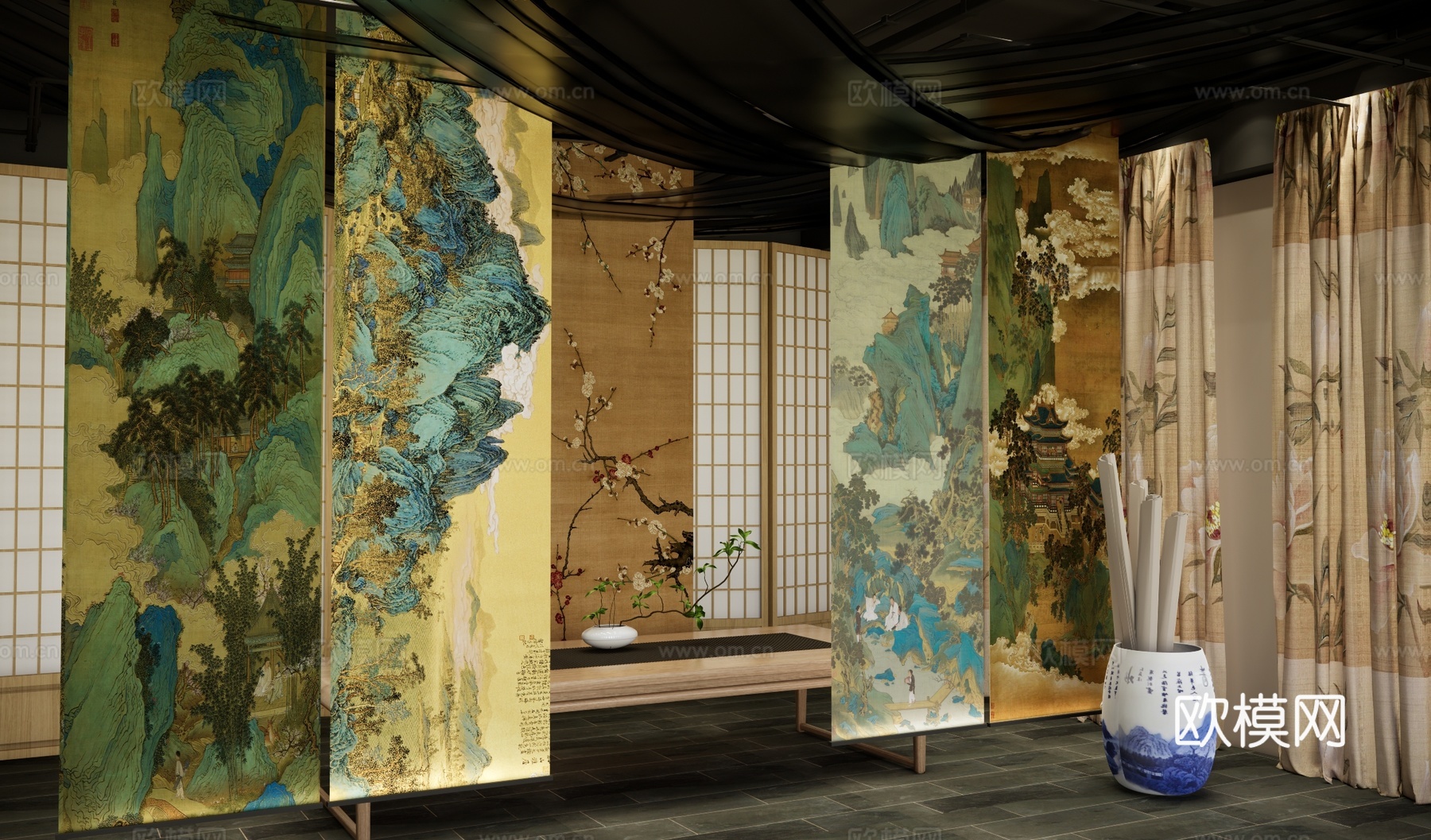 中式书画展览馆 艺术字画美陈 竖形挂画 纱幔 画室 字画展厅su模型下载（渲染图3）