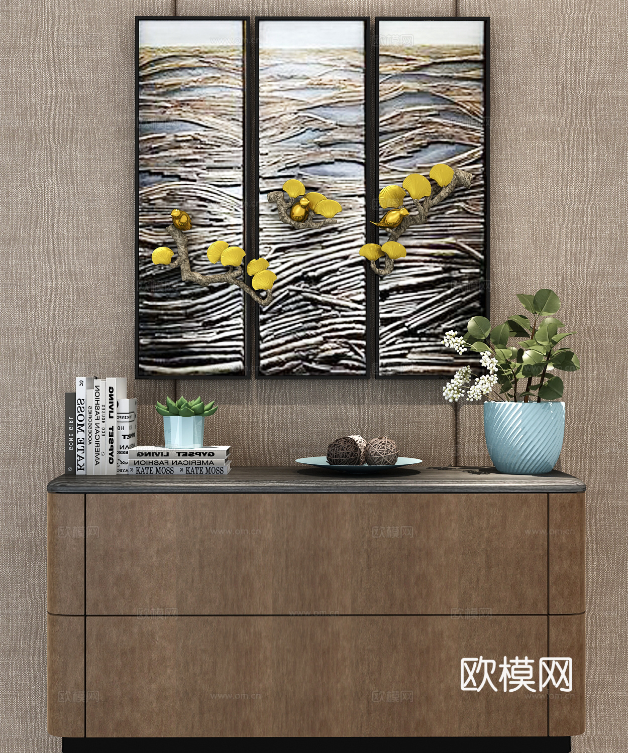 边柜 植物 玄关柜 餐边柜 挂画 墙饰 现代边柜 书 装饰品3d模型