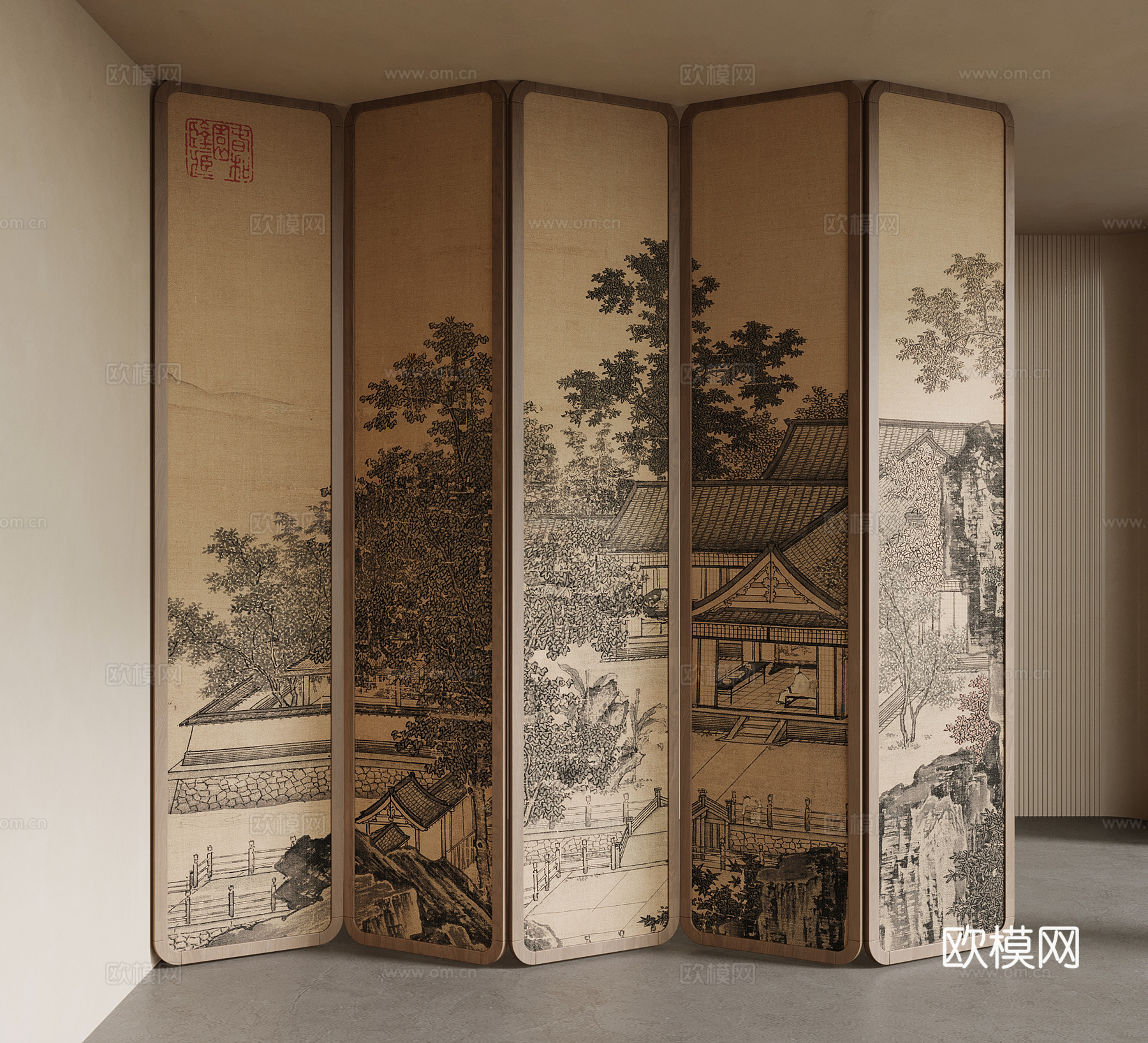 新中式屏风 宋氏风隔断su模型