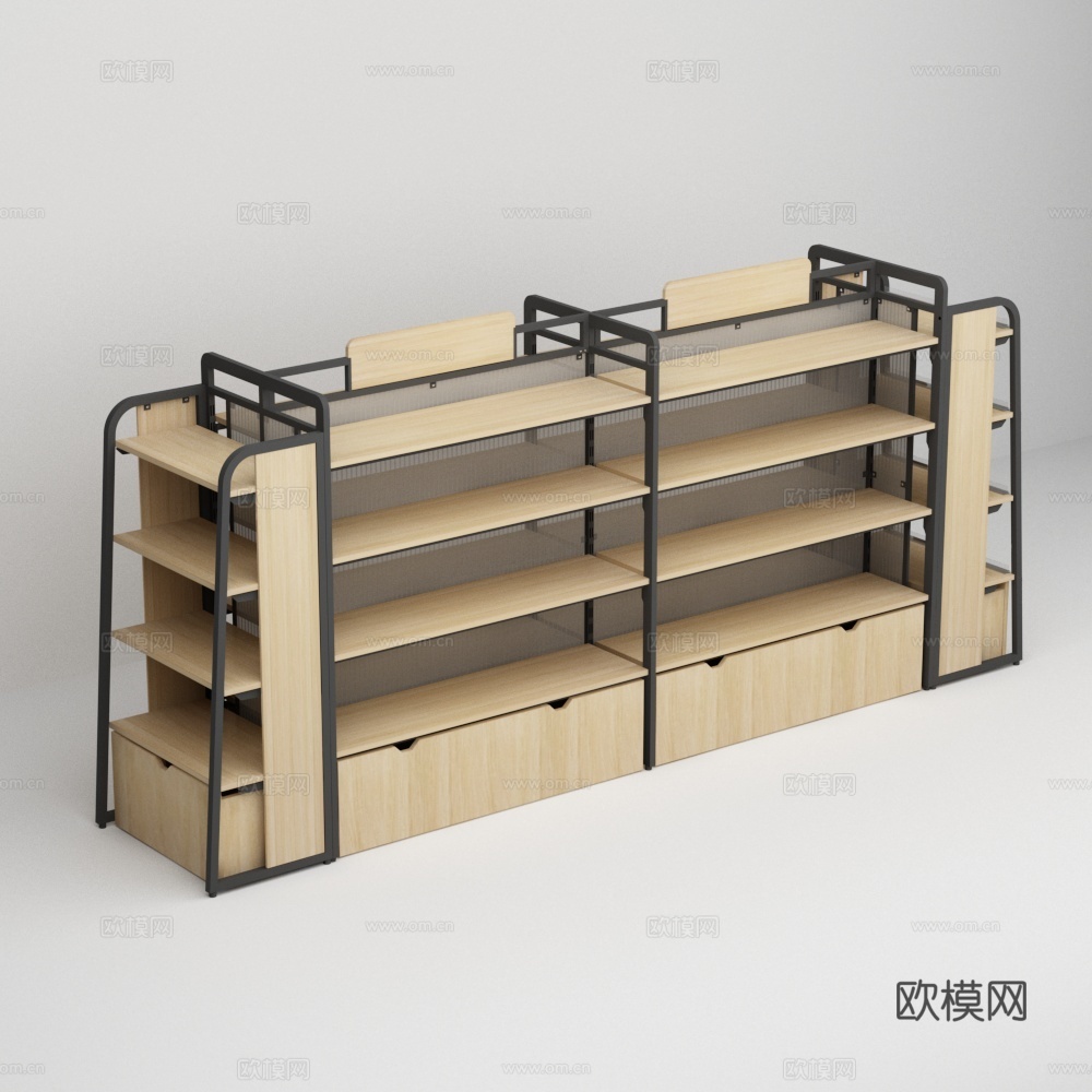 超市便利店钢木结构商品展示中岛货架3d模型