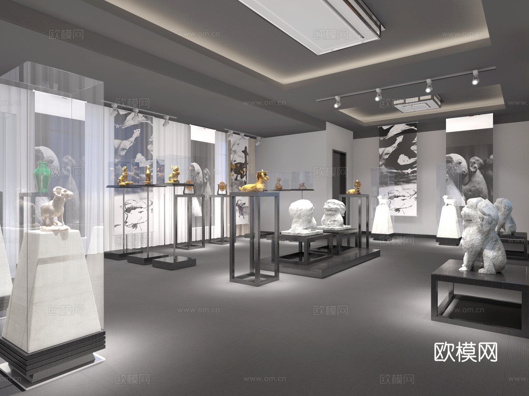 现代博物馆 展柜 橱窗 人物雕塑3d模型