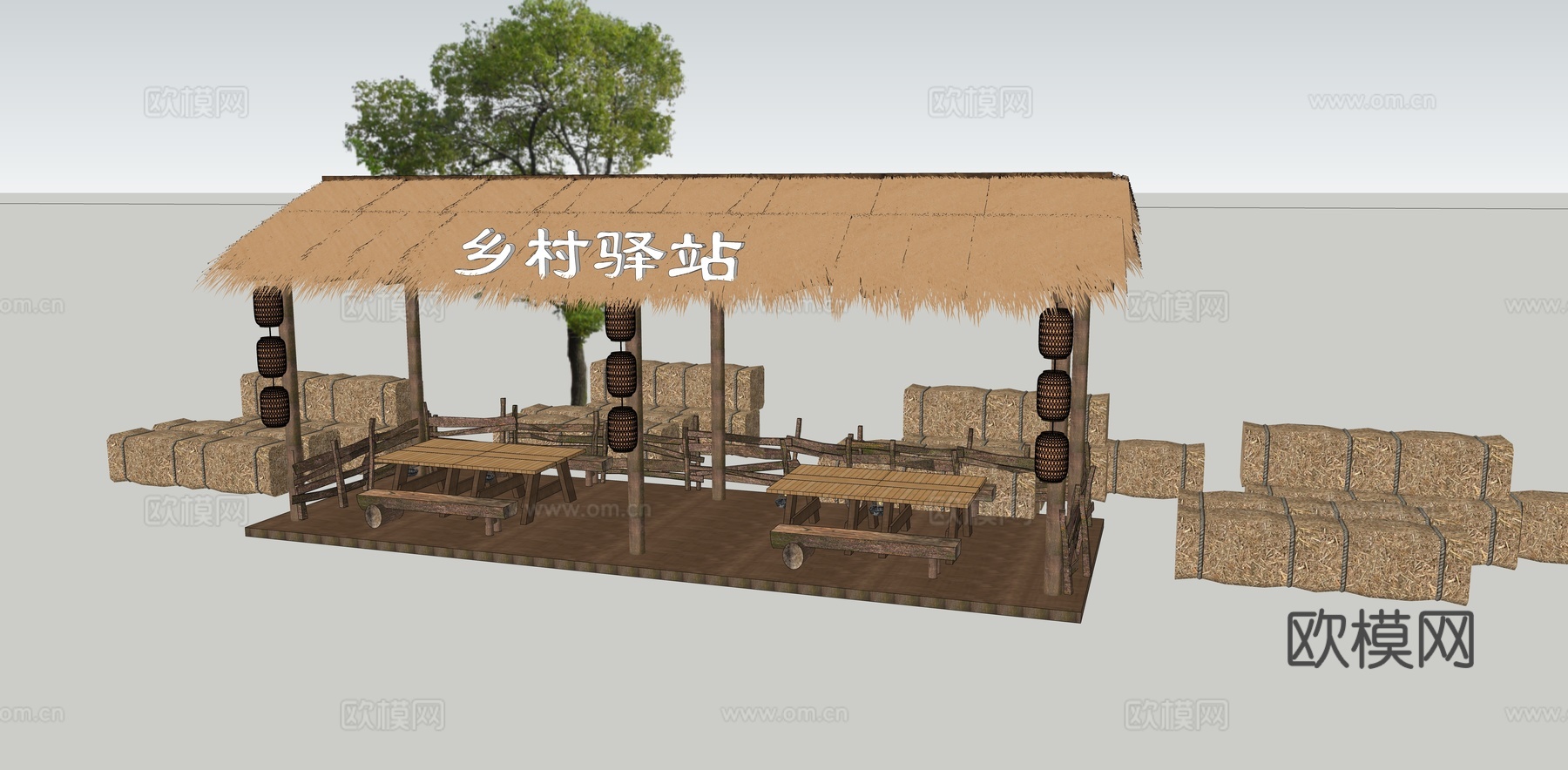 新中式乡村景观廊架 景区廊架 休闲景观亭 茅草亭 公园休息驿su模型