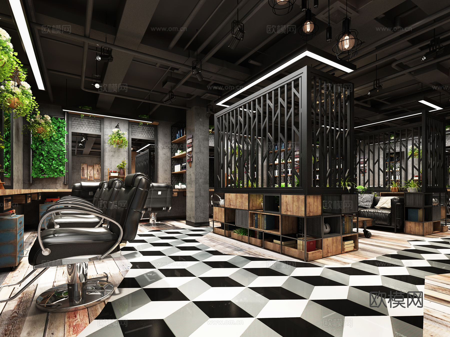 工业风理发店 挂灯 椅3d模型