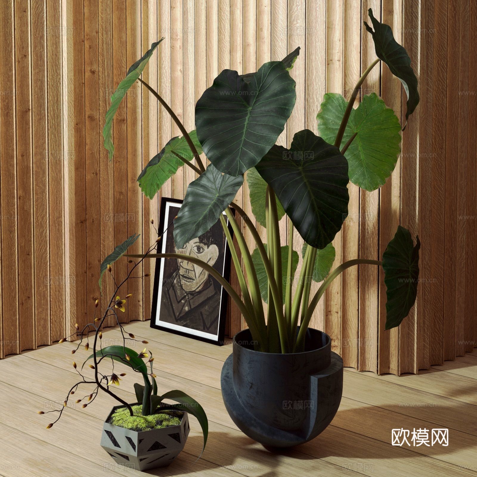 北欧盆栽北欧植物装饰画单椅餐椅木质单椅3d模型