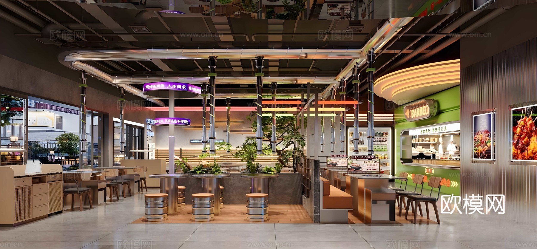 工业风火锅店 烧烤烤肉店 茶餐厅 不锈钢餐桌椅 烧烤店墙饰su模型下载（渲染图1）