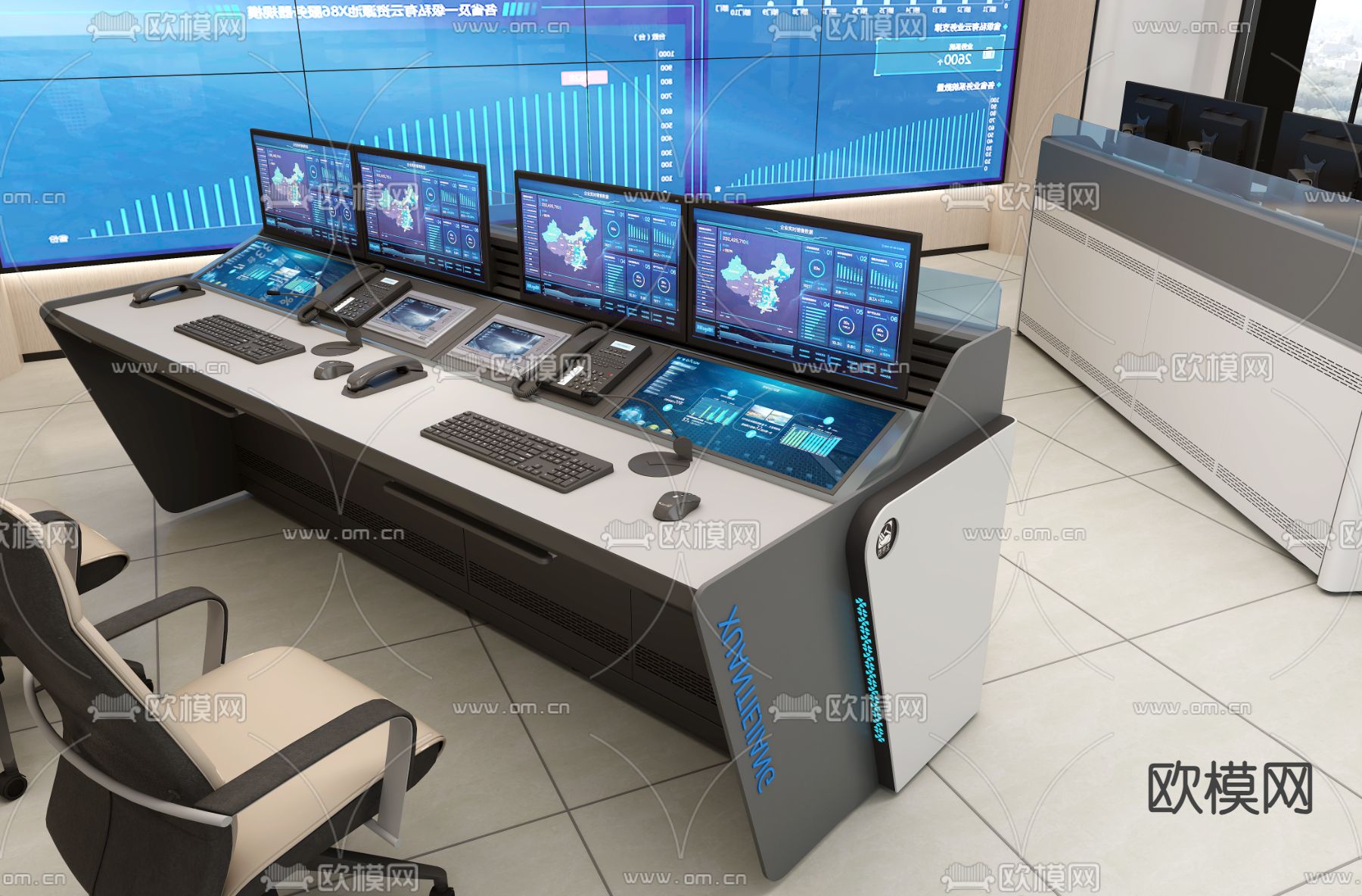 指挥中心监控室 调度室操作台su模型下载（渲染图2）
