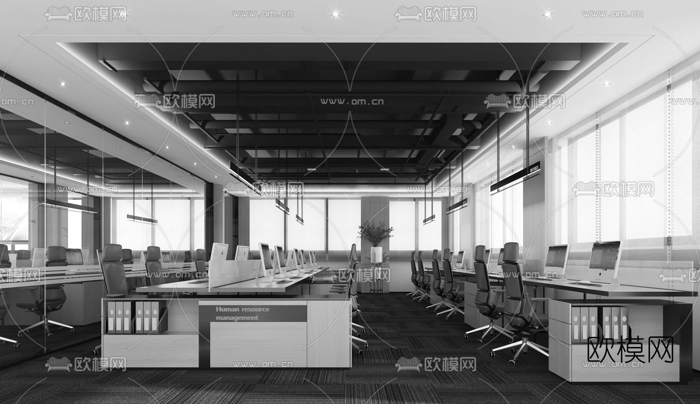 现代开放式办公区3d模型下载（渲染图4）